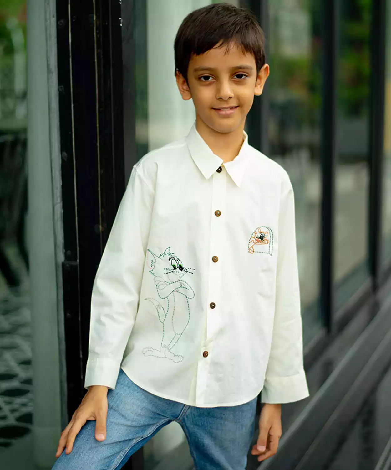 Cat And Mouse Cartoon Embroidered Organic Cotton Shirt- White