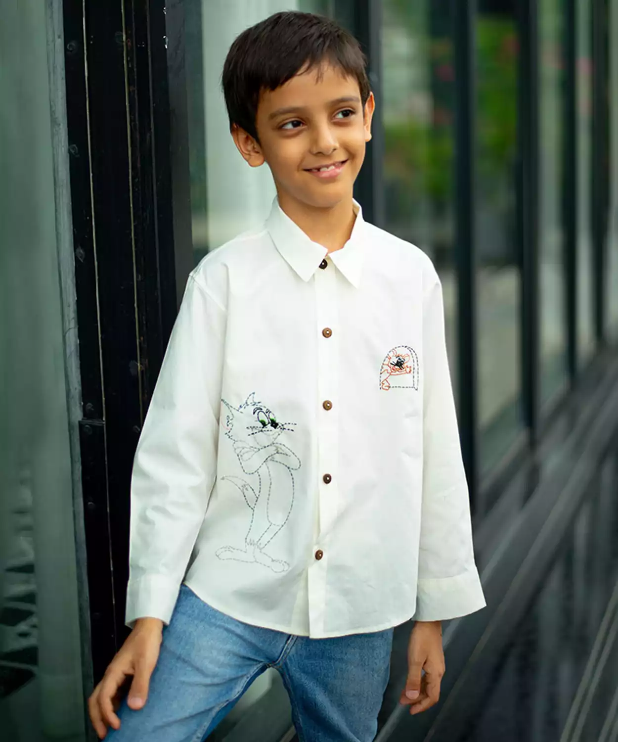 Cat And Mouse Cartoon Embroidered Organic Cotton Shirt- White