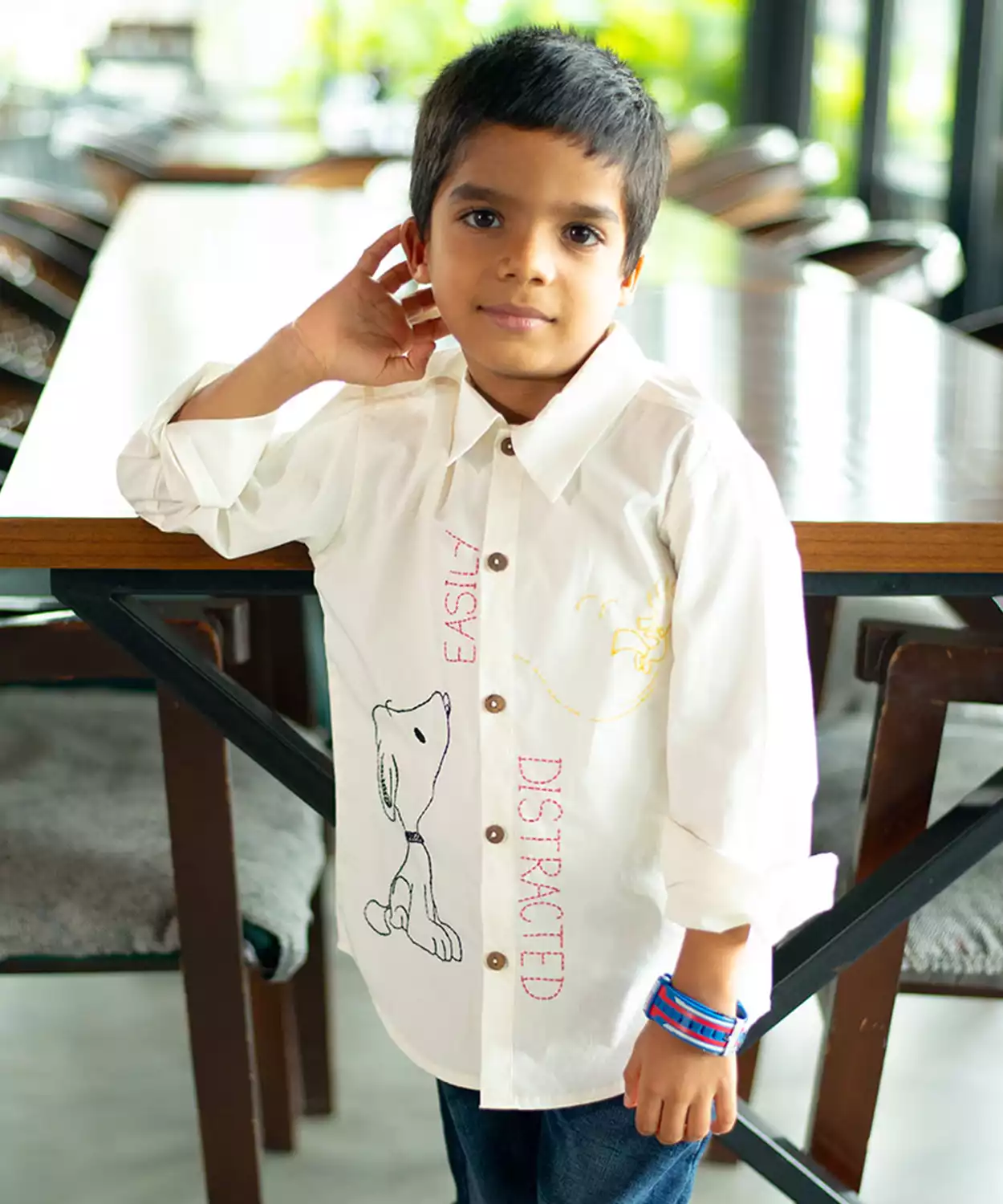 Easily Distracted Dog Embroidered Organic Cotton Shirt- White