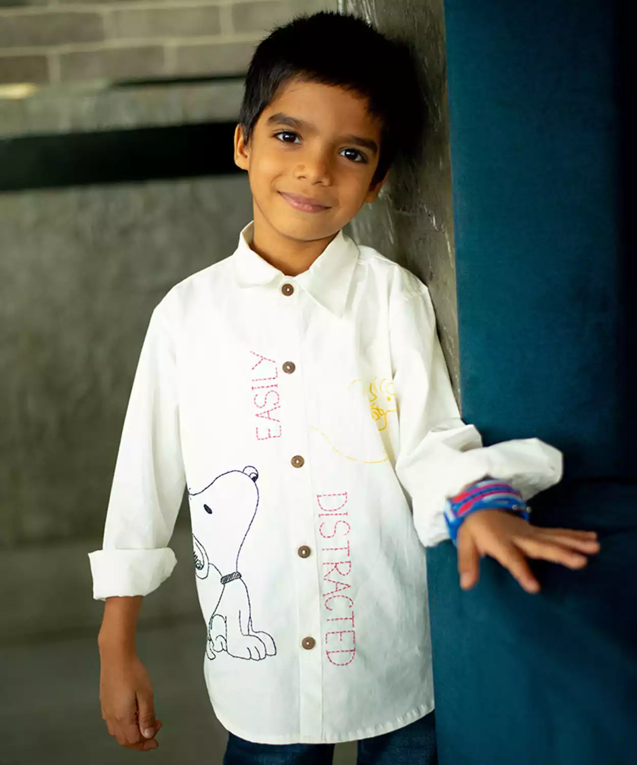 Easily Distracted Dog Embroidered Organic Cotton Shirt- White