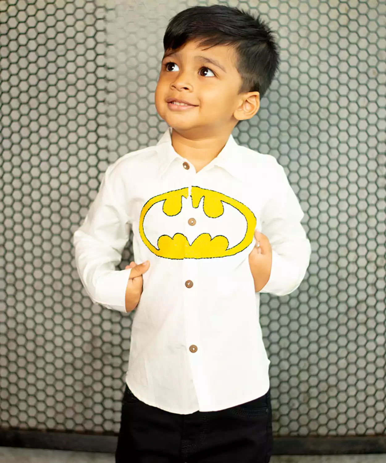 Bat Superhero Chest Icon Embroidered Organic Cotton Shirt- White