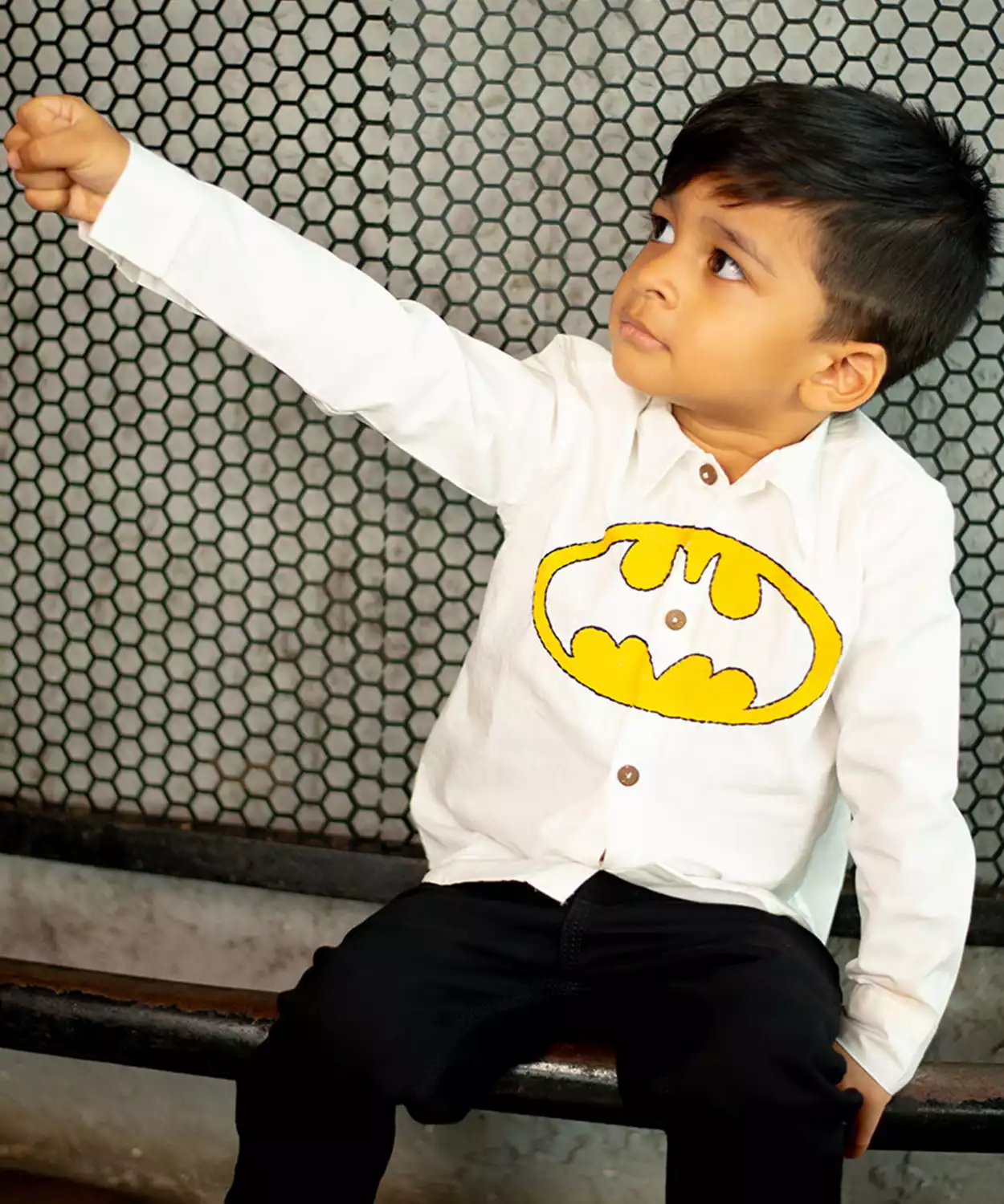 Bat Superhero Chest Icon Embroidered Organic Cotton Shirt- White