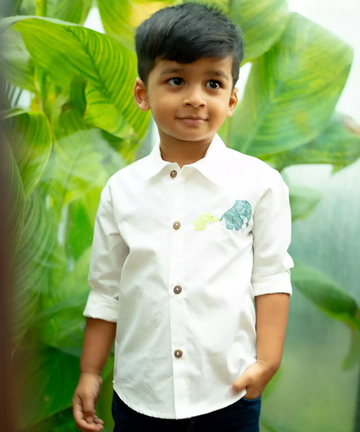 Mini Elephants Embroidered Organic Cotton Shirt- White
