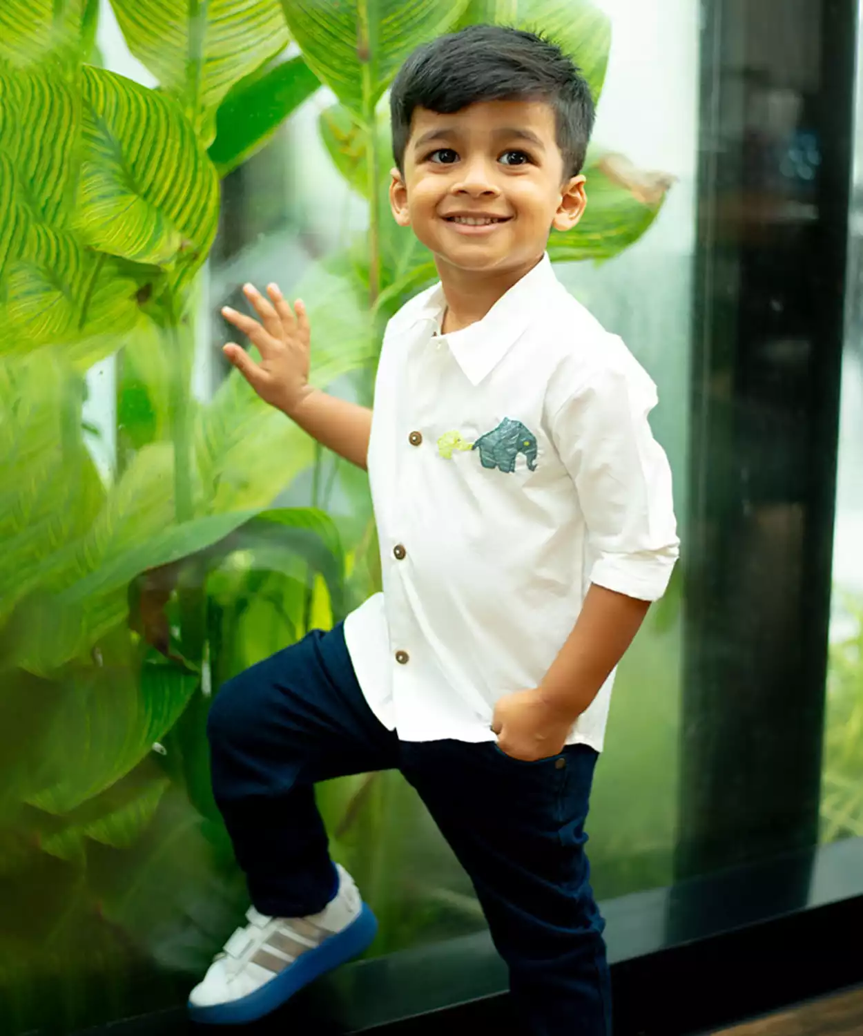 Mini Elephants Embroidered Organic Cotton Shirt- White