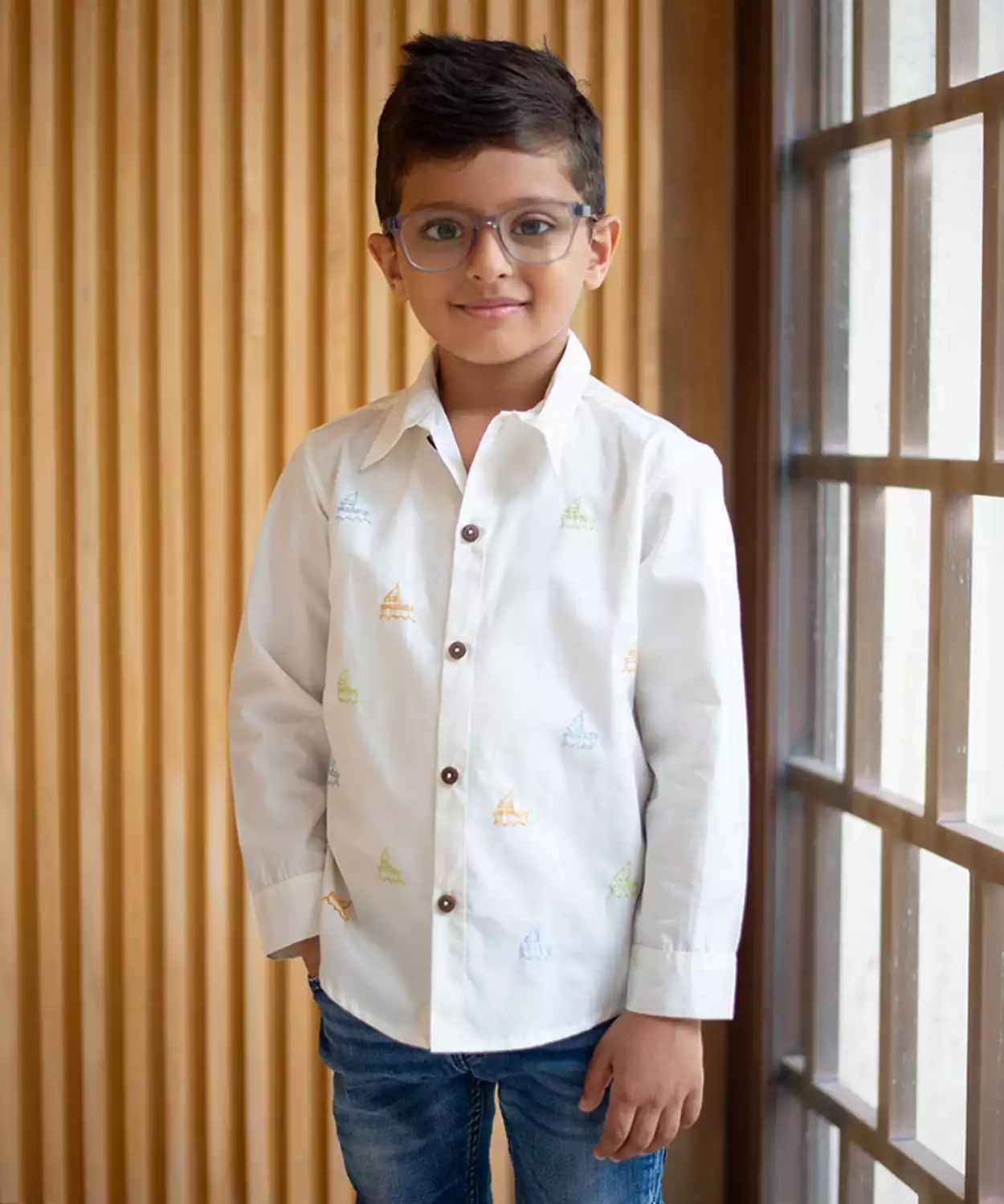 Mini Sail Boats Embroidered Organic Cotton Shirt- White