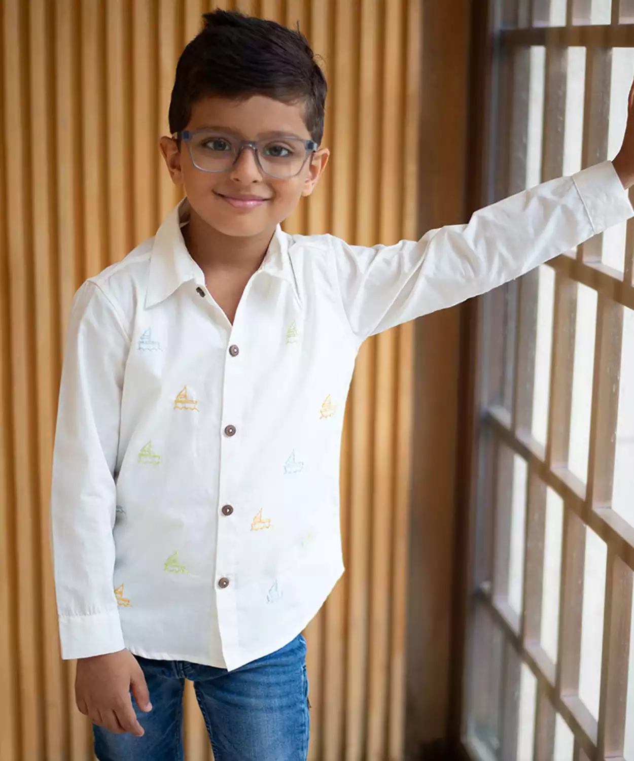 Mini Sail Boats Embroidered Organic Cotton Shirt- White