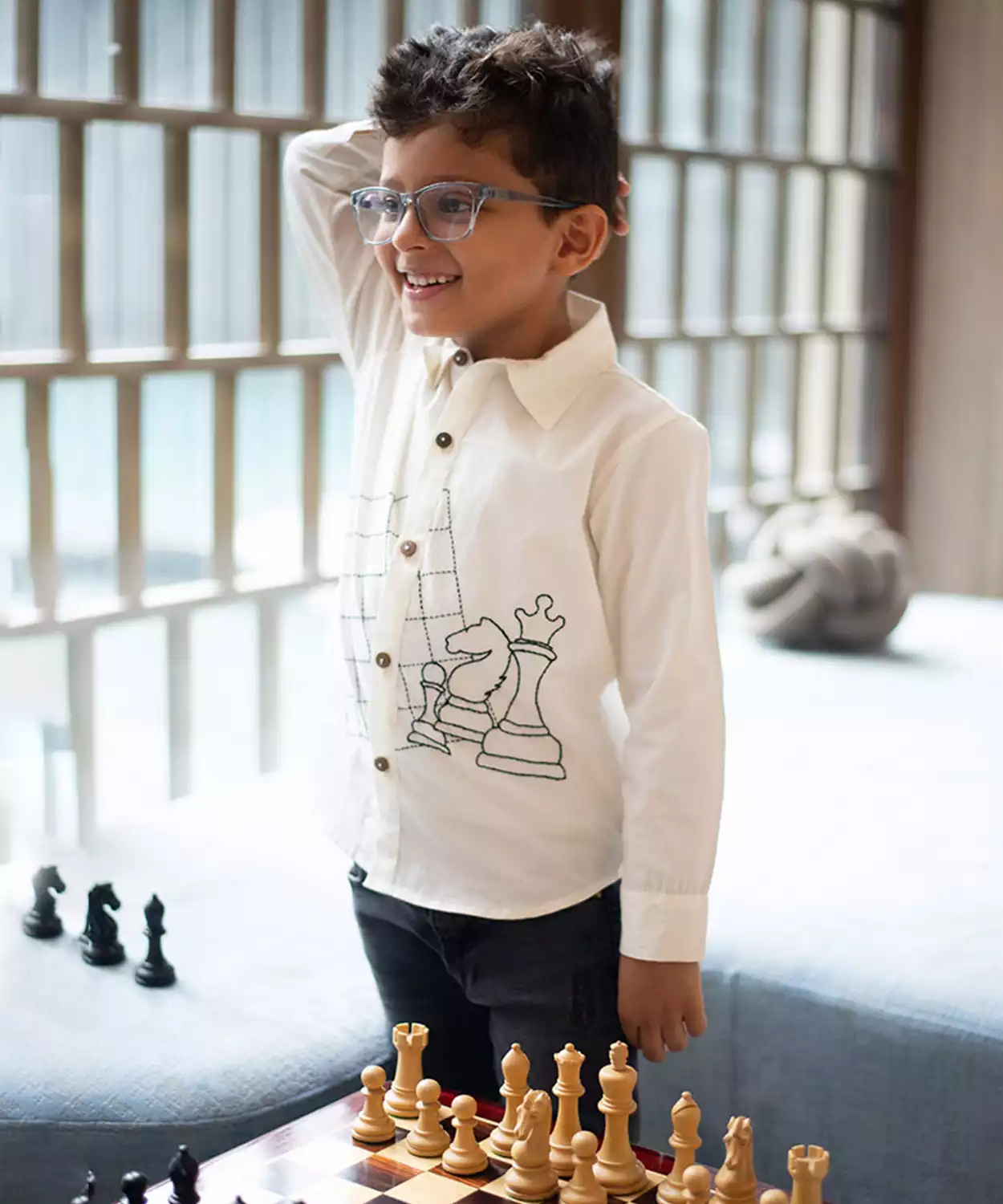 Chess Checkmate Embroidered Organic Cotton Shirt- White