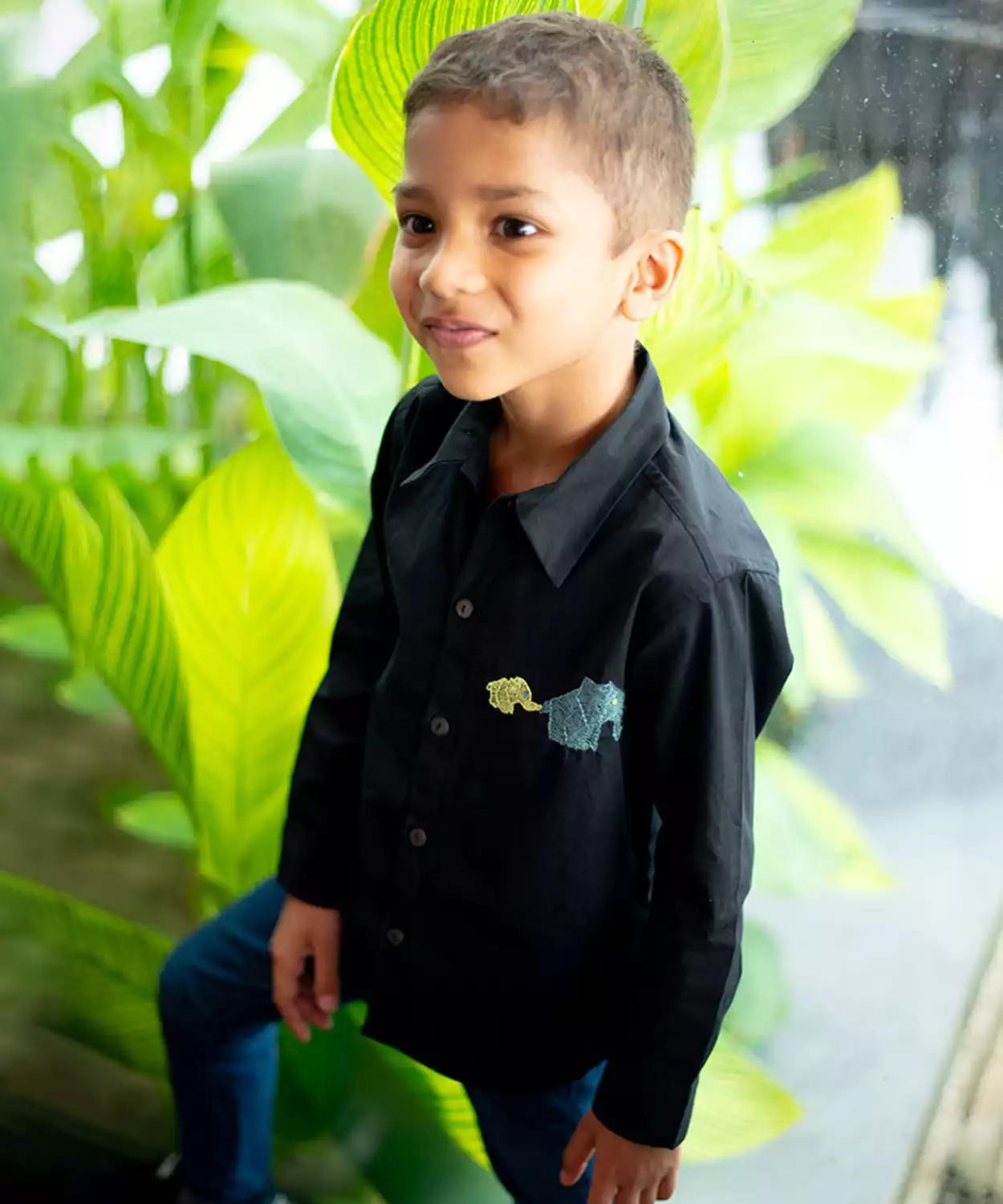 Mini Elephants Embroidered Organic Cotton Shirt- Black