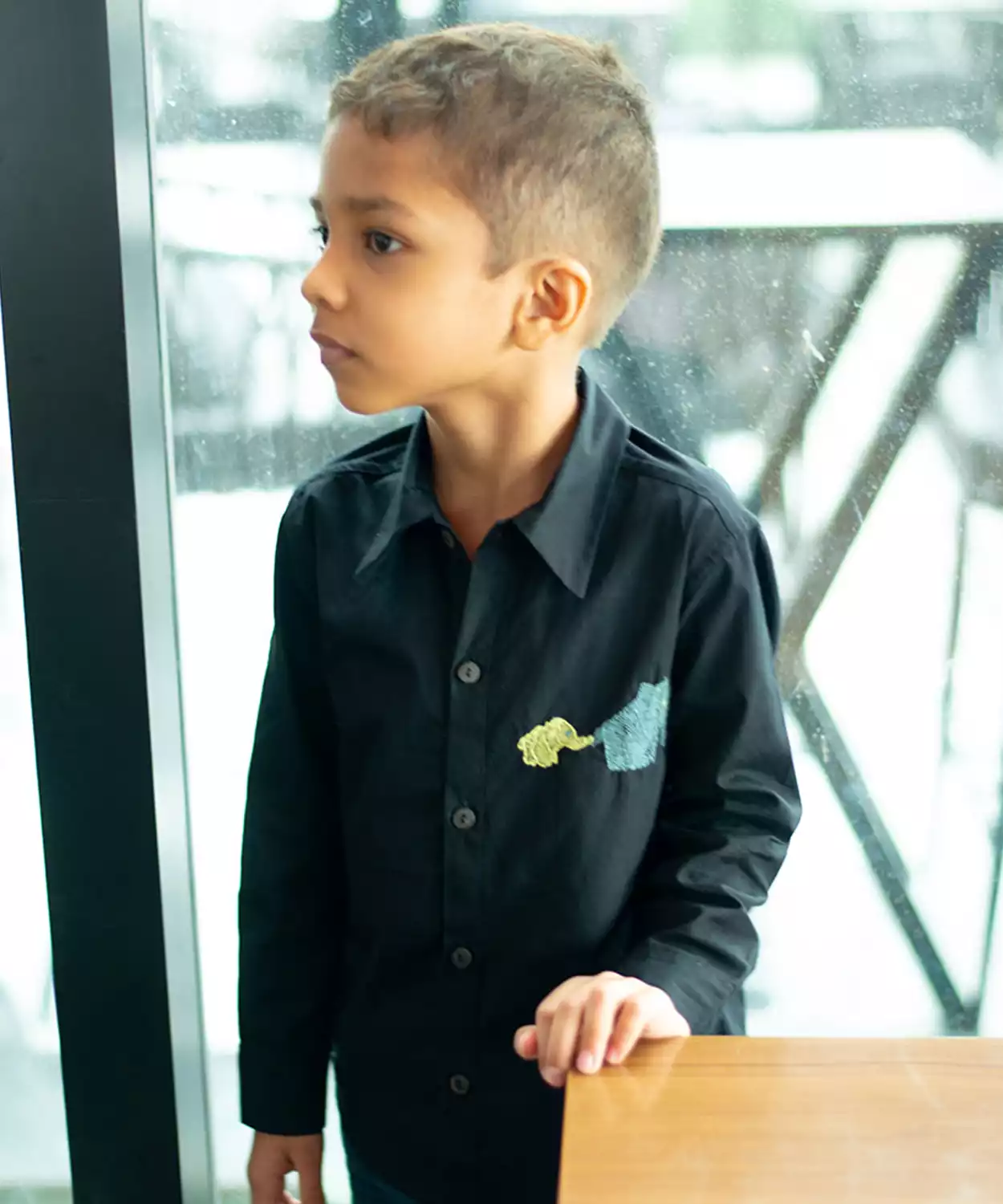 Mini Elephants Embroidered Organic Cotton Shirt- Black