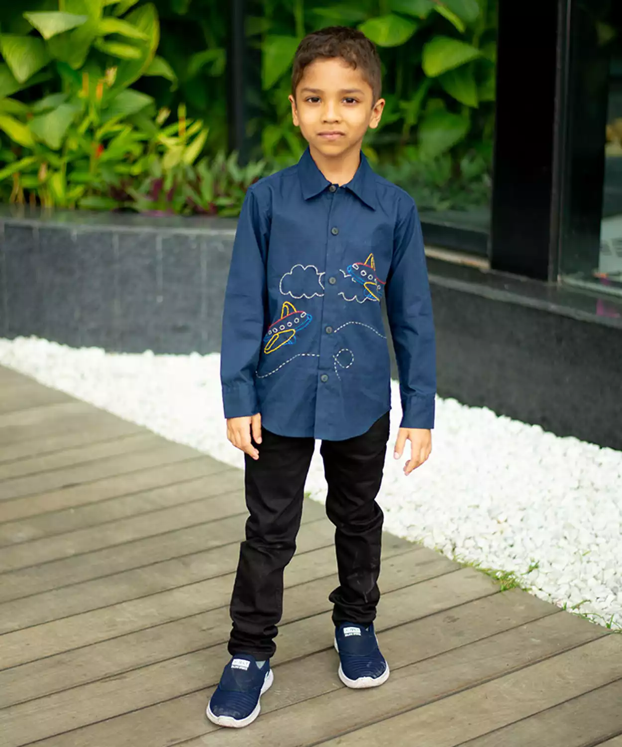Aeroplane Embroidered Organic Cotton Shirt- Navy