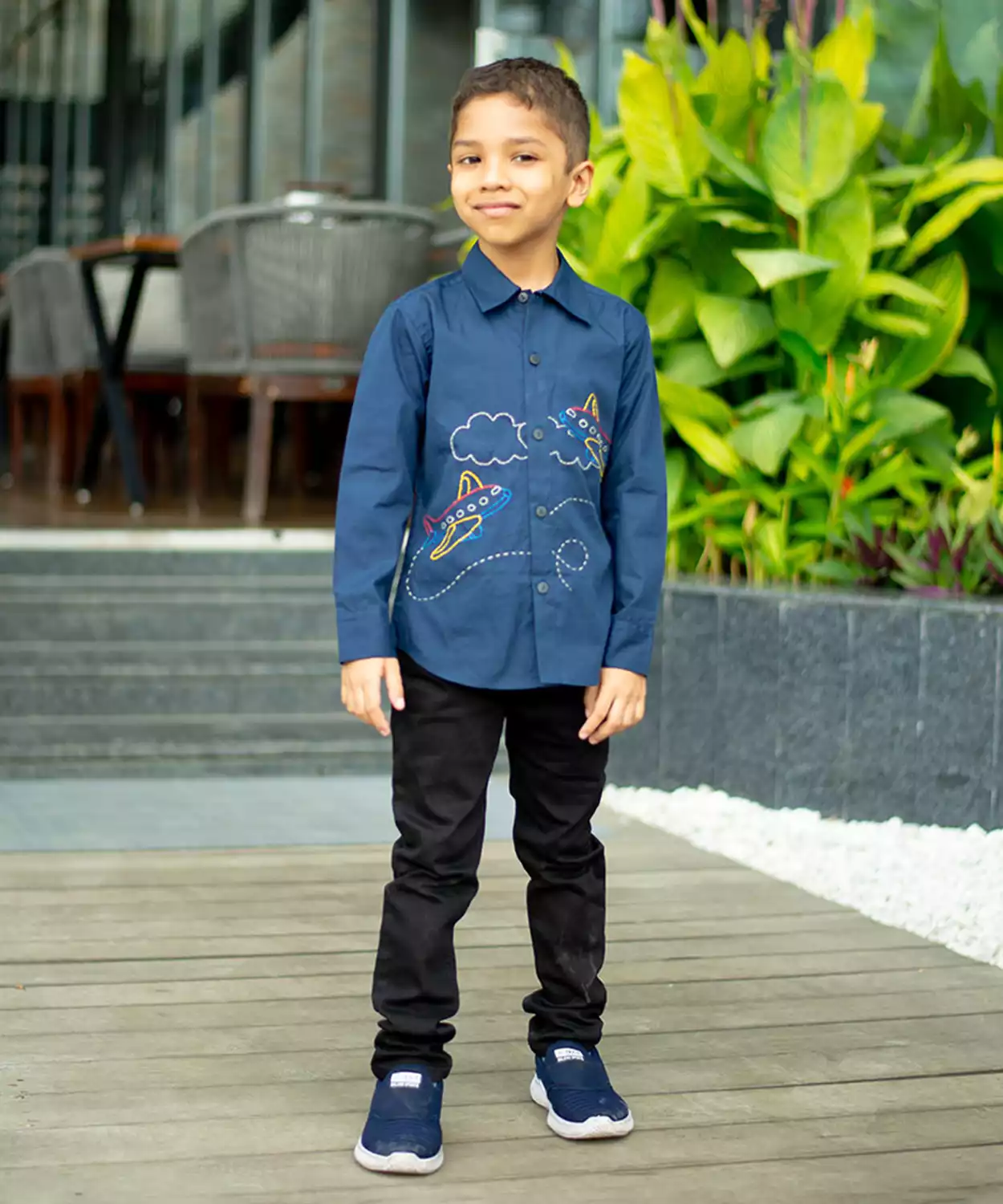 Aeroplane Embroidered Organic Cotton Shirt- Navy