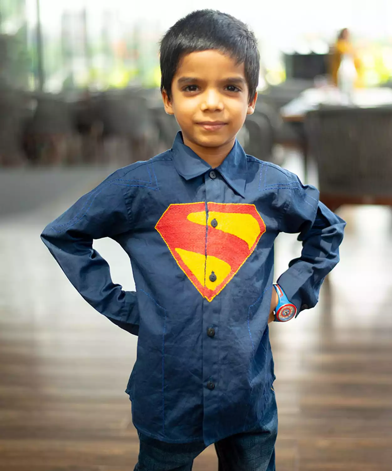 Superhero Chest Icon Embroidered Organic Cotton Shirt- Navy