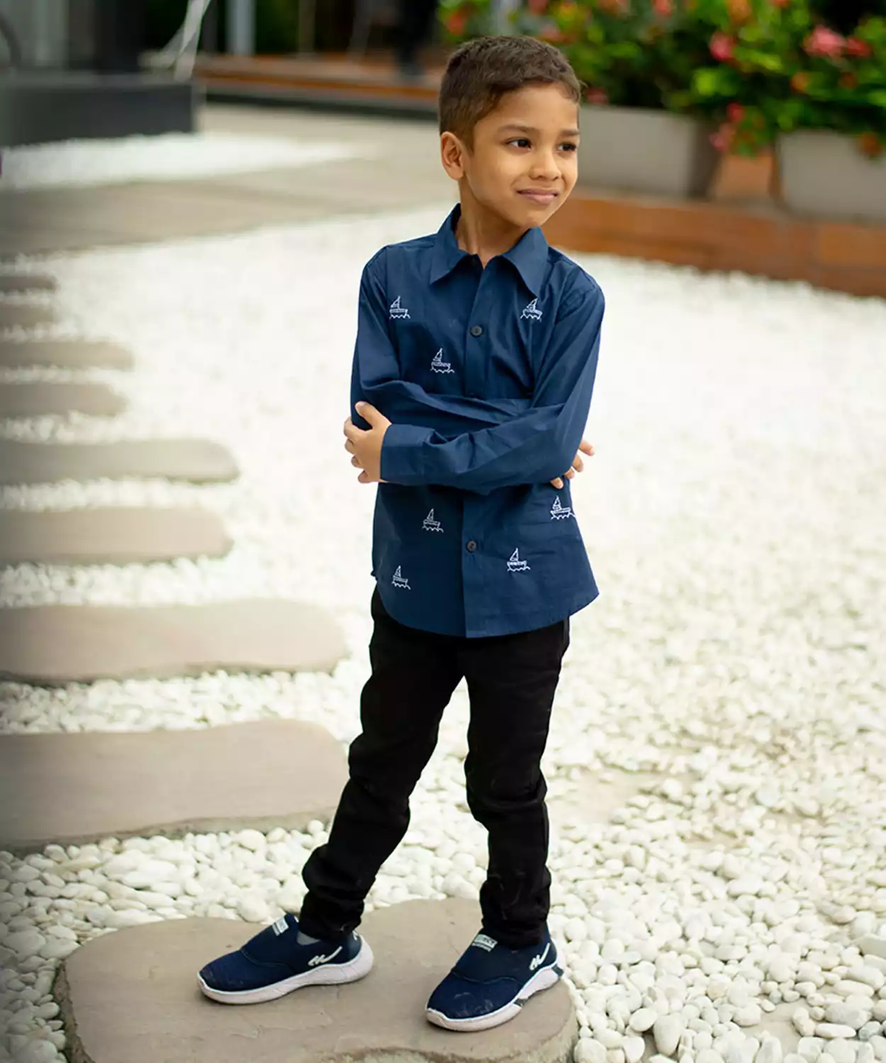 Mini Sail Boats Embroidered Organic Cotton Shirt- Navy