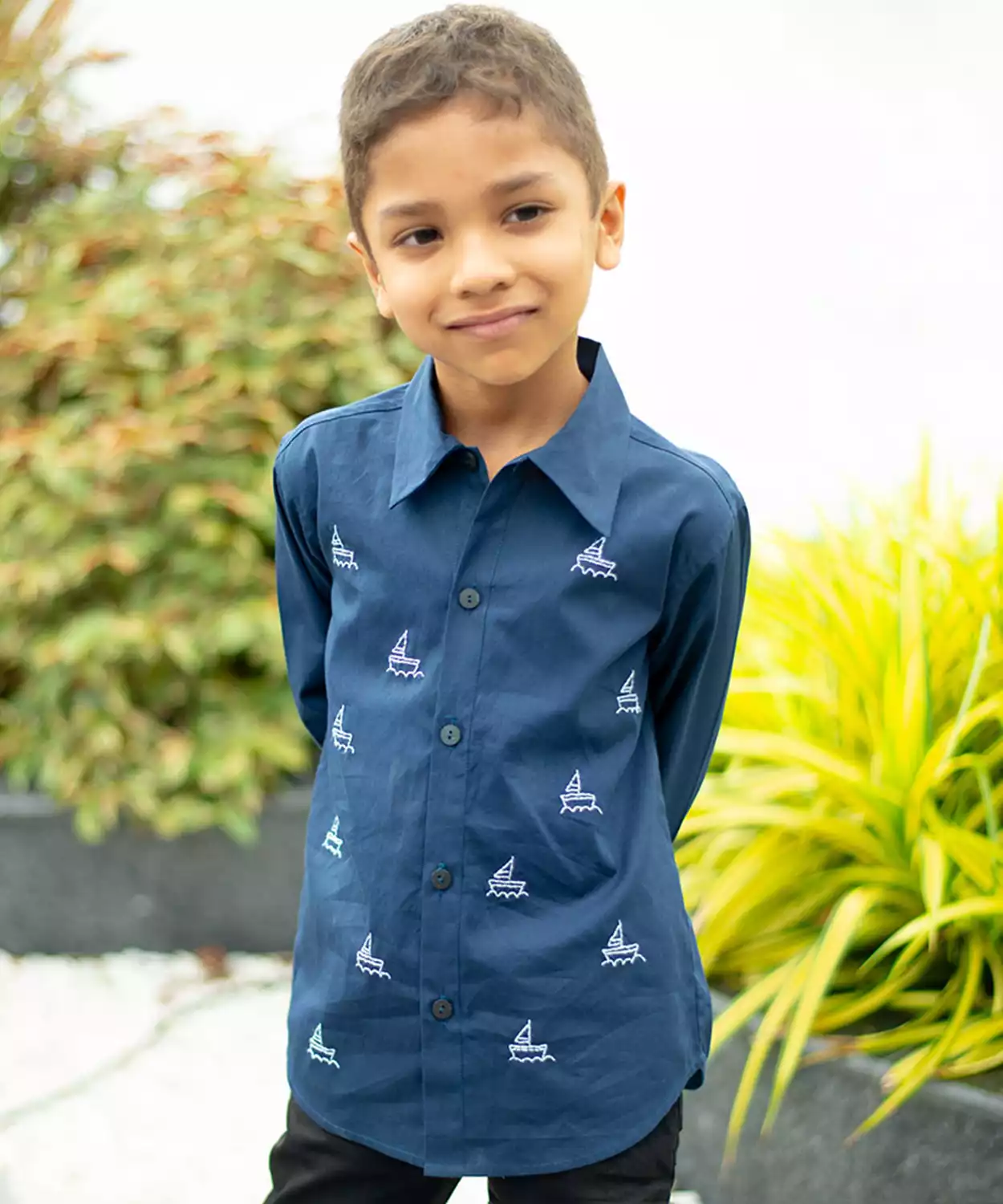 Mini Sail Boats Embroidered Organic Cotton Shirt- Navy