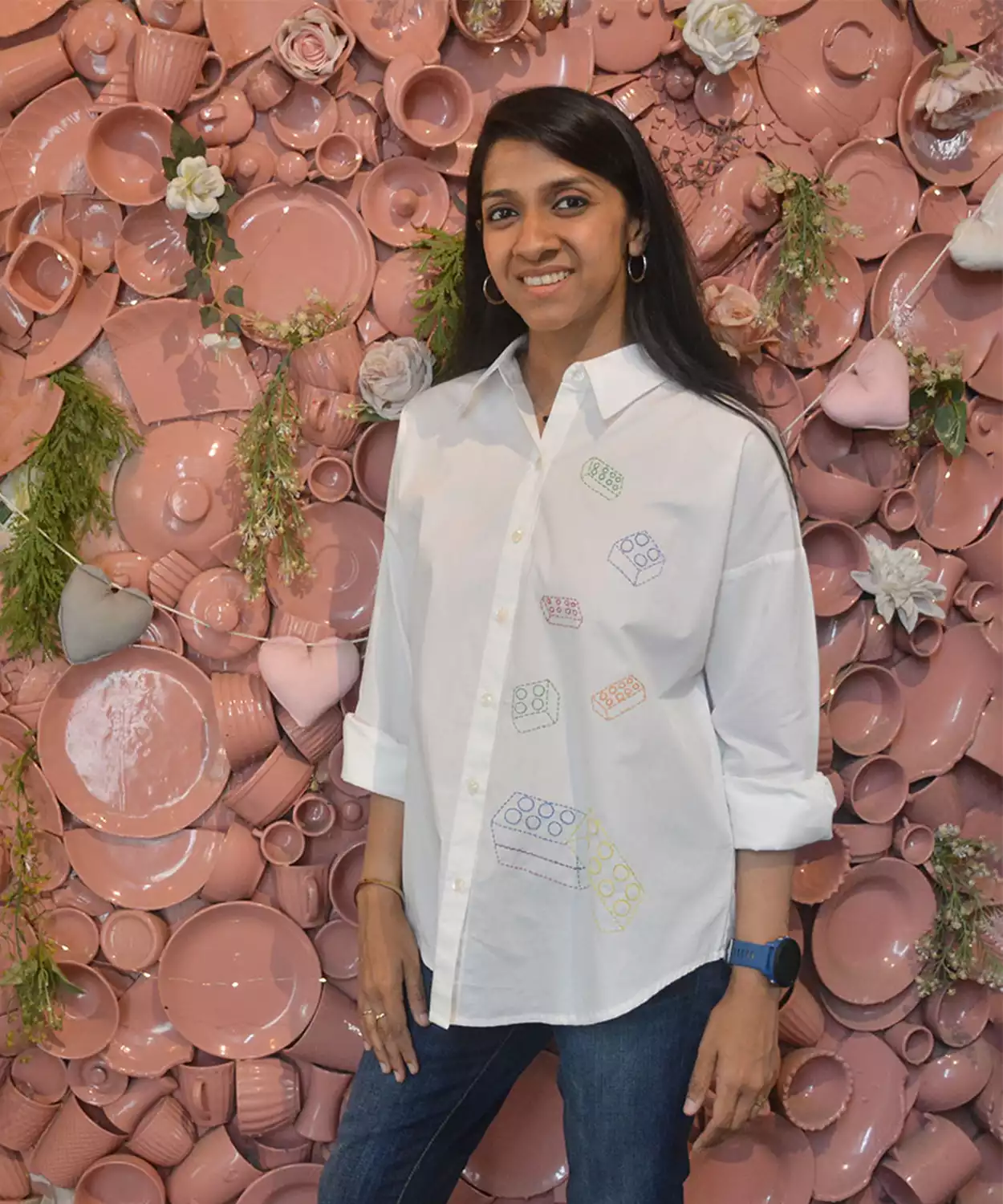 Building Blocks Embroidered  Women Shirt - White