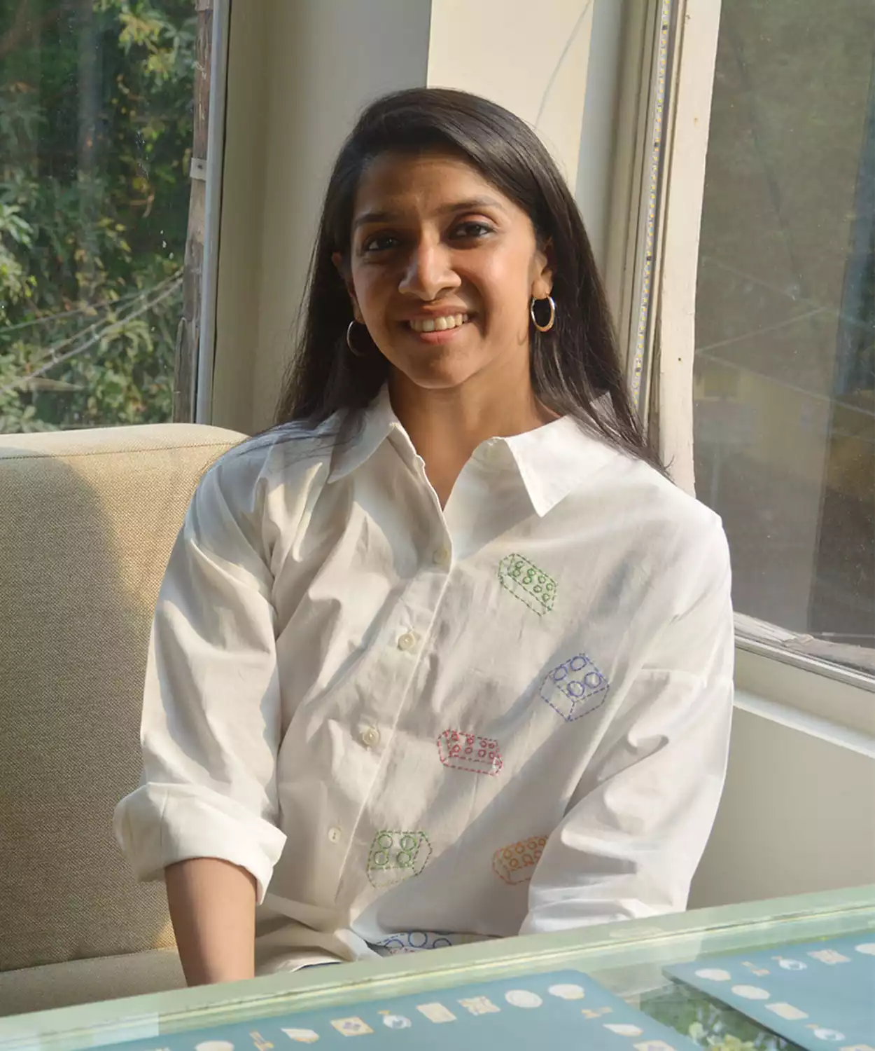 Building Blocks Embroidered  Women Shirt - White