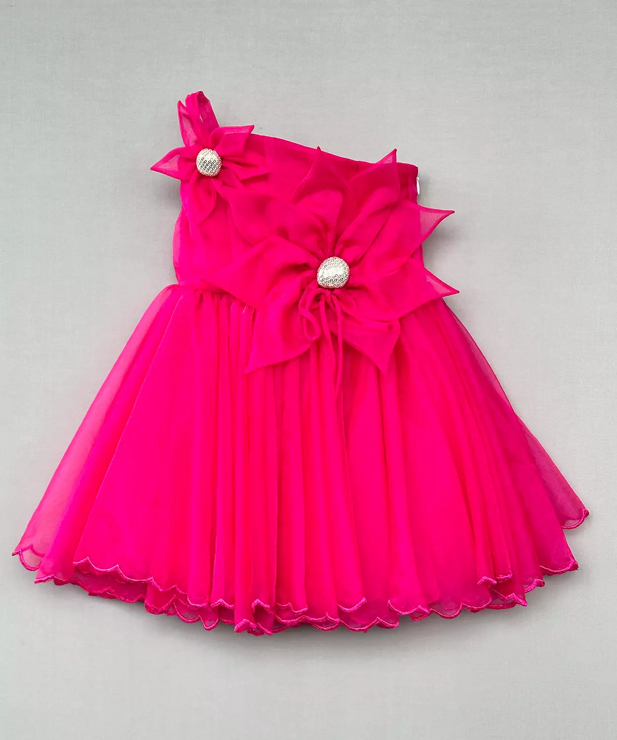 Fuchsia Floral One-Shoulder Organza Dress