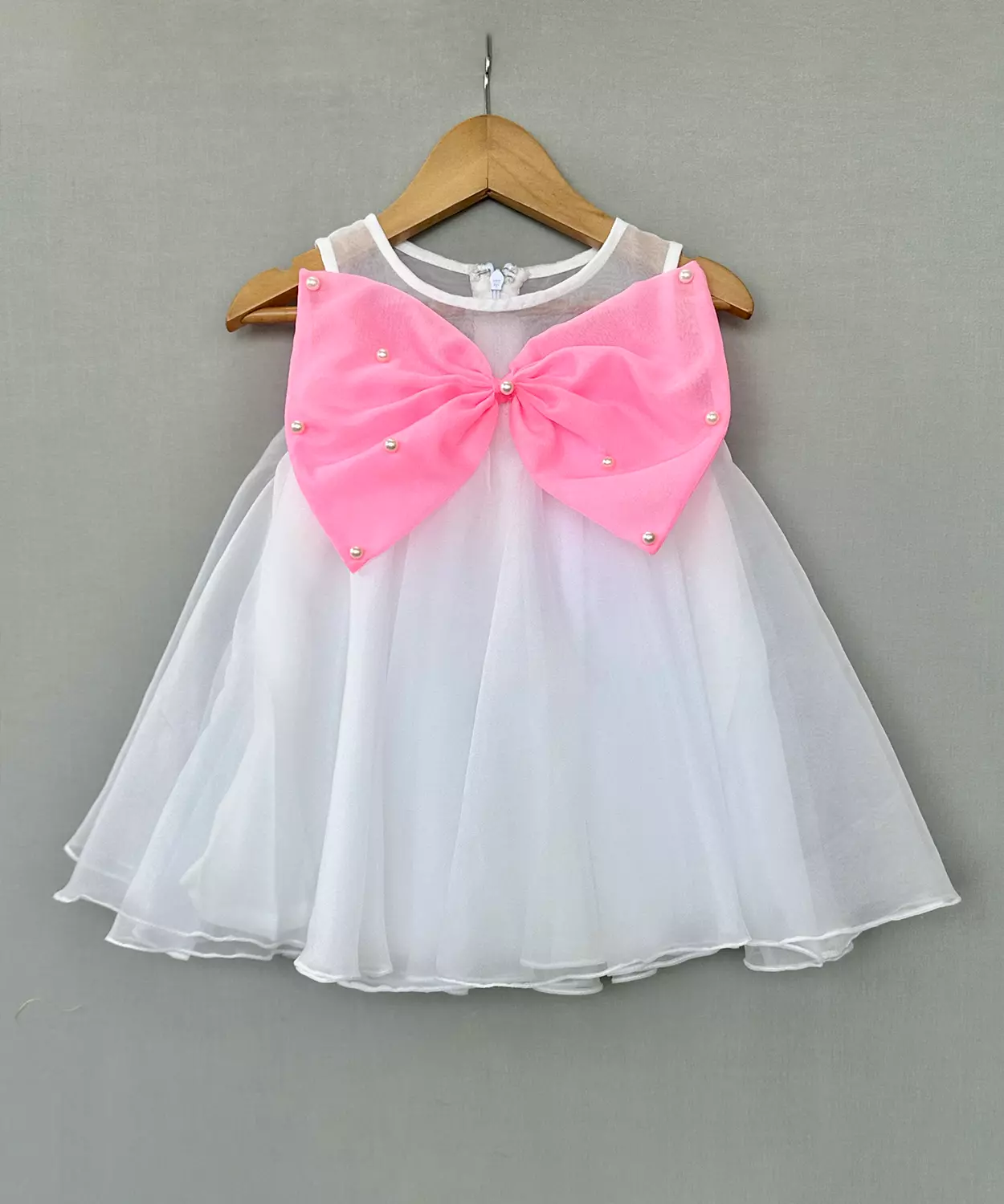 White Organza Dress With Pink Pearl Bow