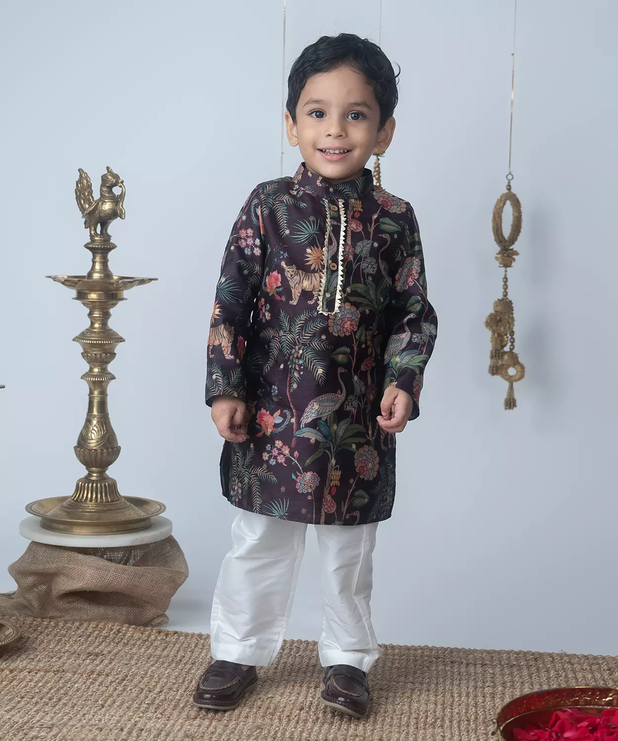 Wine Coloured Jungle Print Kurta Set With White Pants