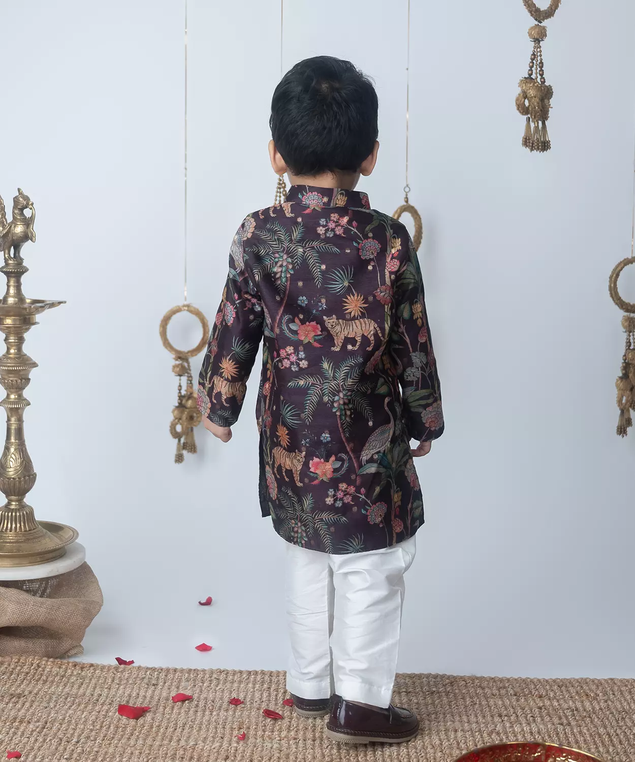 Wine Coloured Jungle Print Kurta Set With White Pants