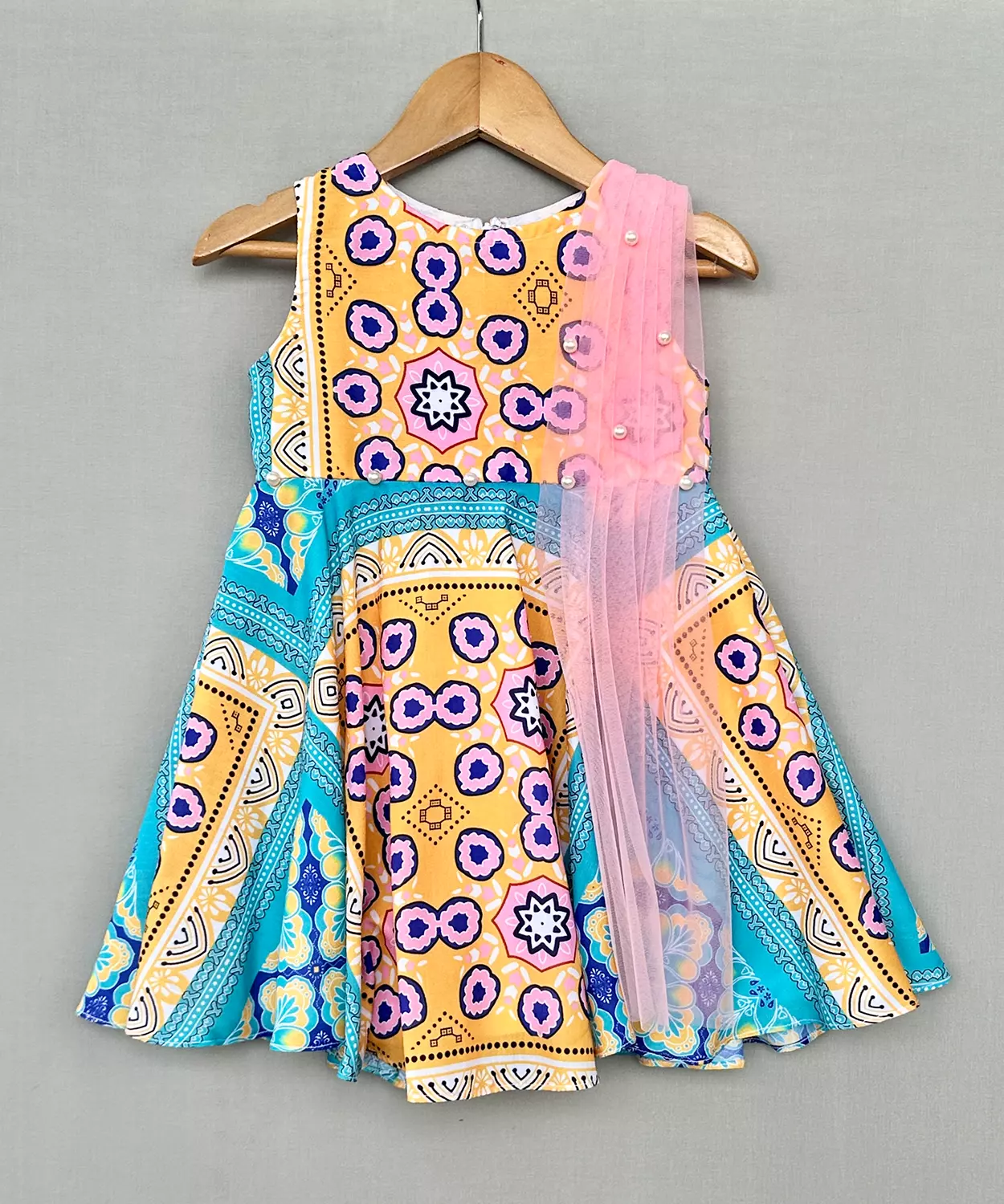 Vibrant Geometric Print Attached Dupatta Dress For Girls