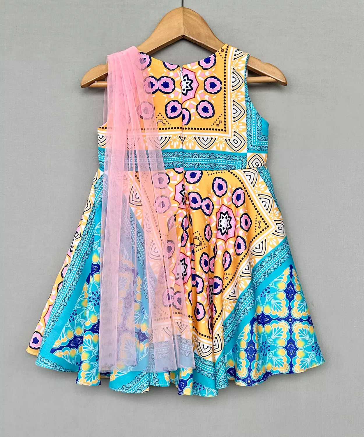 Vibrant Geometric Print Attached Dupatta Dress For Girls