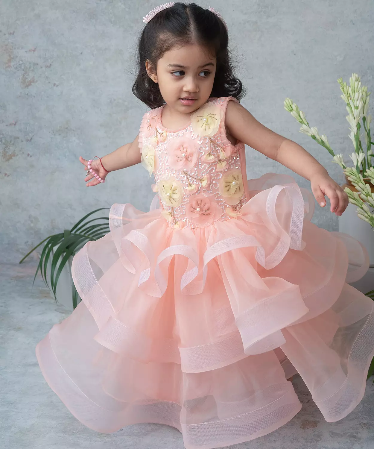Peach Layered Party Gown With 3D Floral Embroidery
