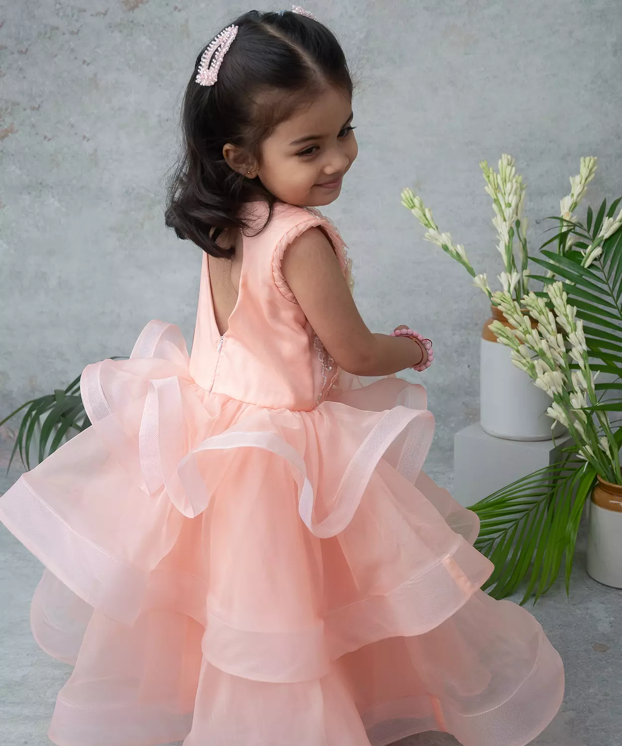 Peach Layered Party Gown With 3D Floral Embroidery