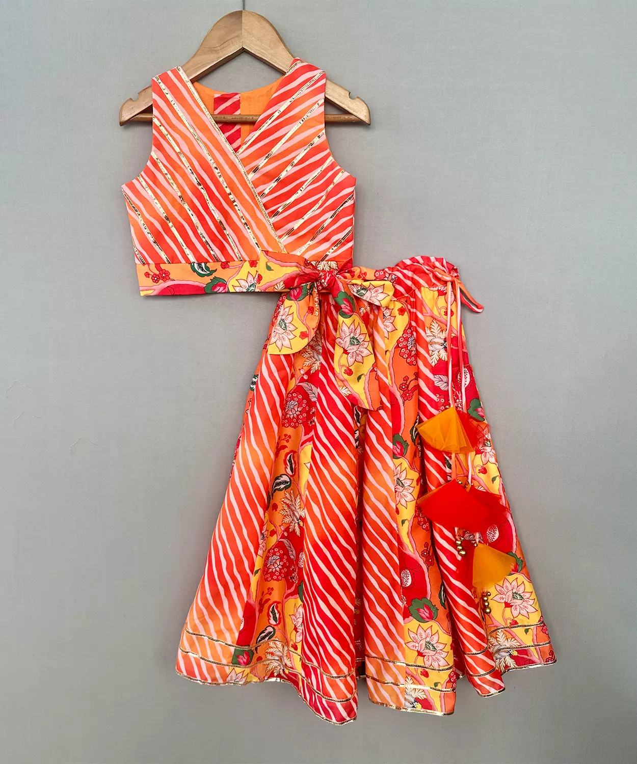 Bright Orange & Red Leheriya Lehenga Set