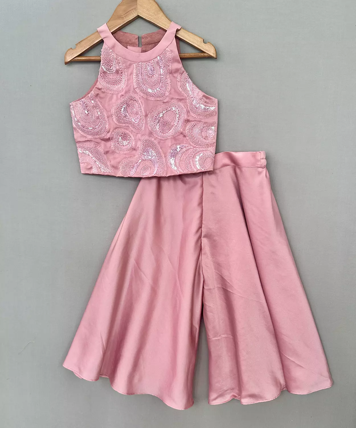 Blush Pink Embroidered Palazzo Set In Milano Satin
