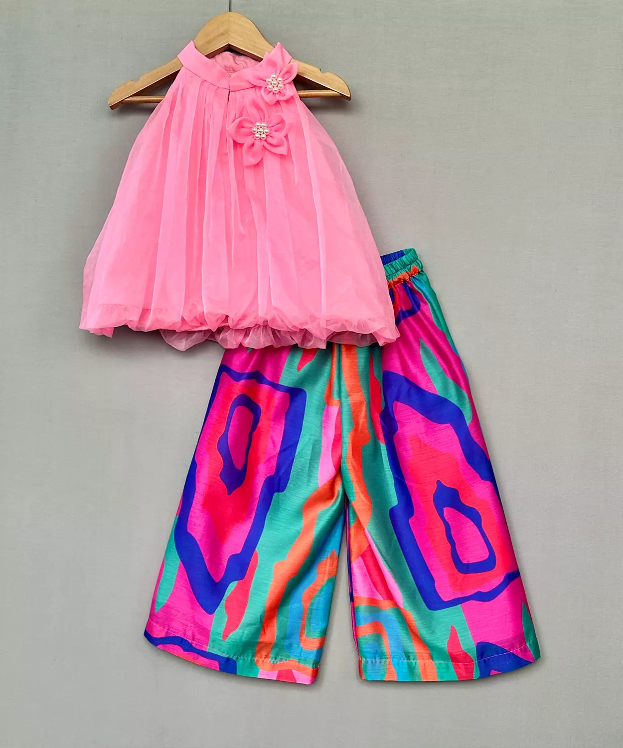 Pink Organza Top With Multicolor Palazzo Set