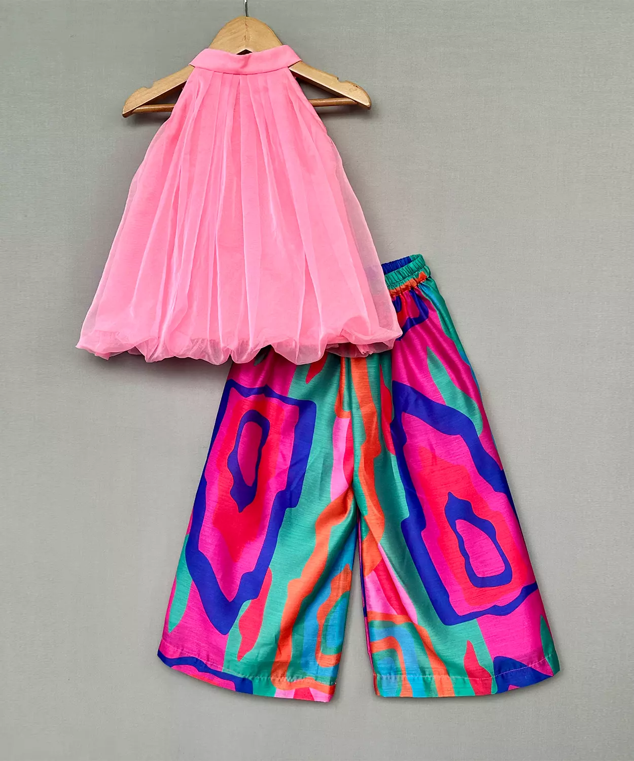 Pink Organza Top With Multicolor Palazzo Set