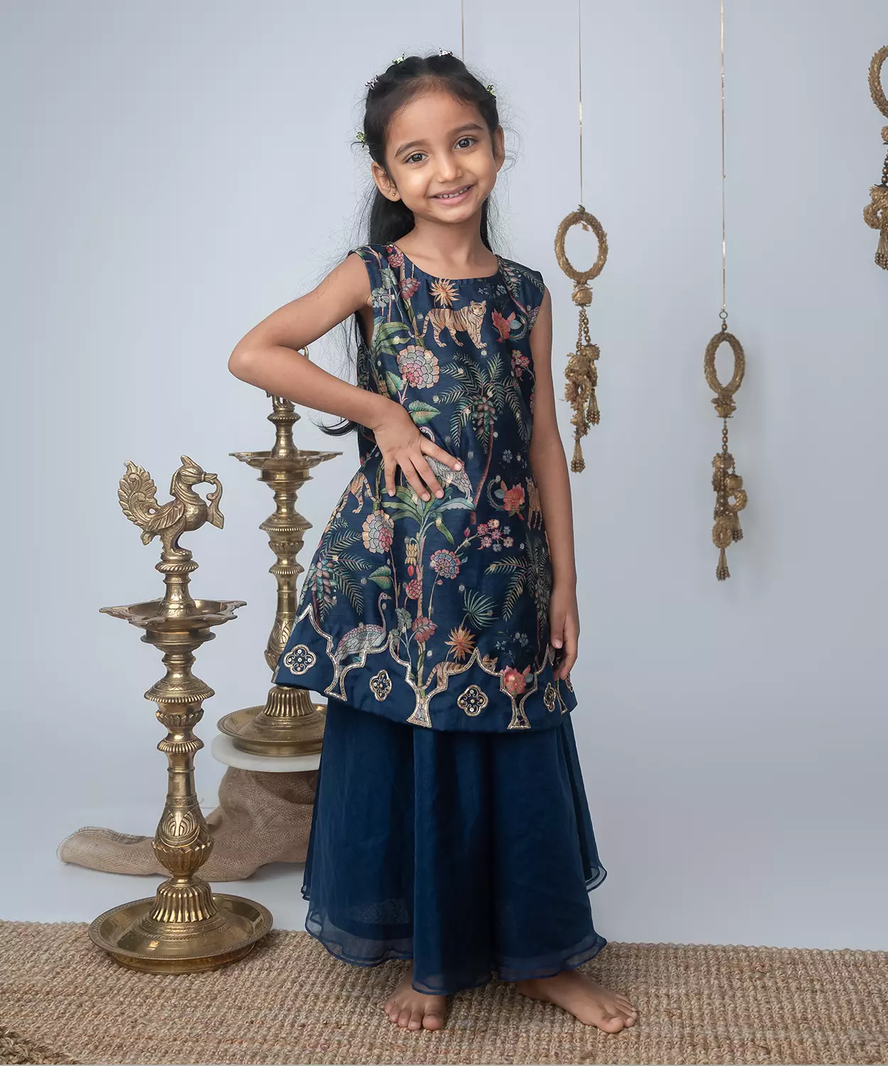 Navy Jungle Print Embroidered Aline Kurti & Palazzo Set