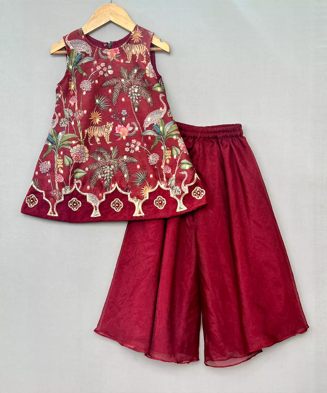 Maroon Jungle Print Embroidered Aline Kurti & Palazzo Set
