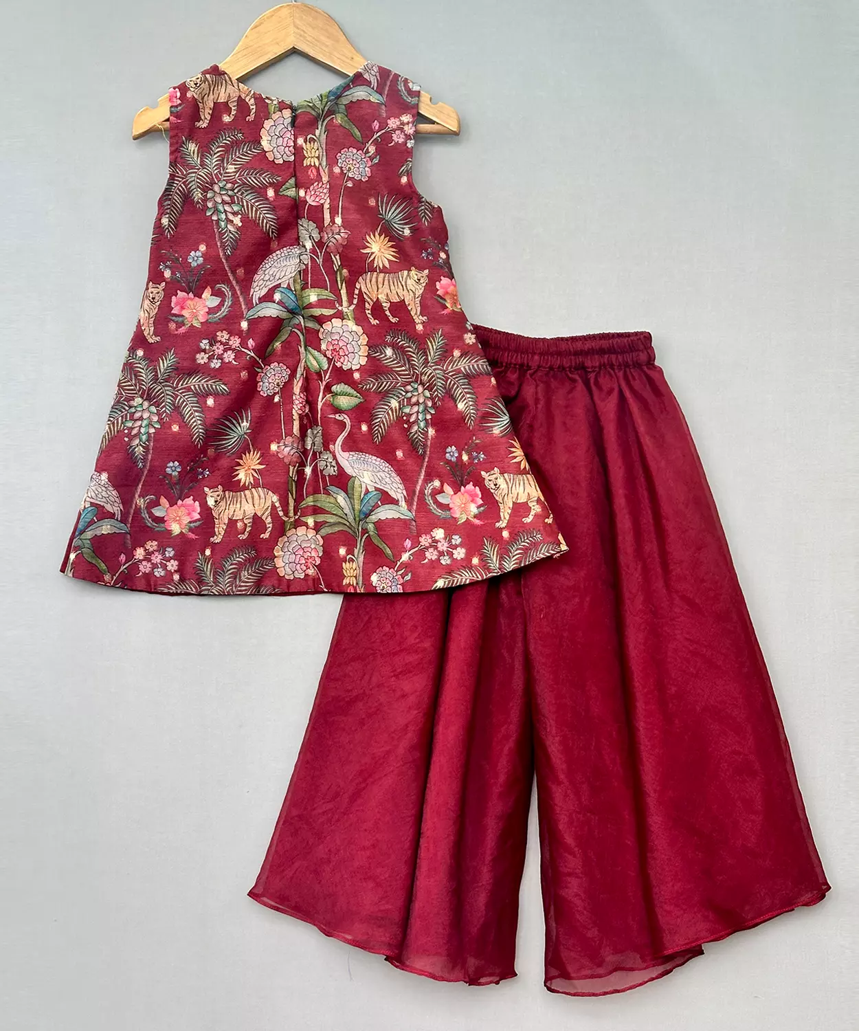 Maroon Jungle Print Embroidered Aline Kurti & Palazzo Set