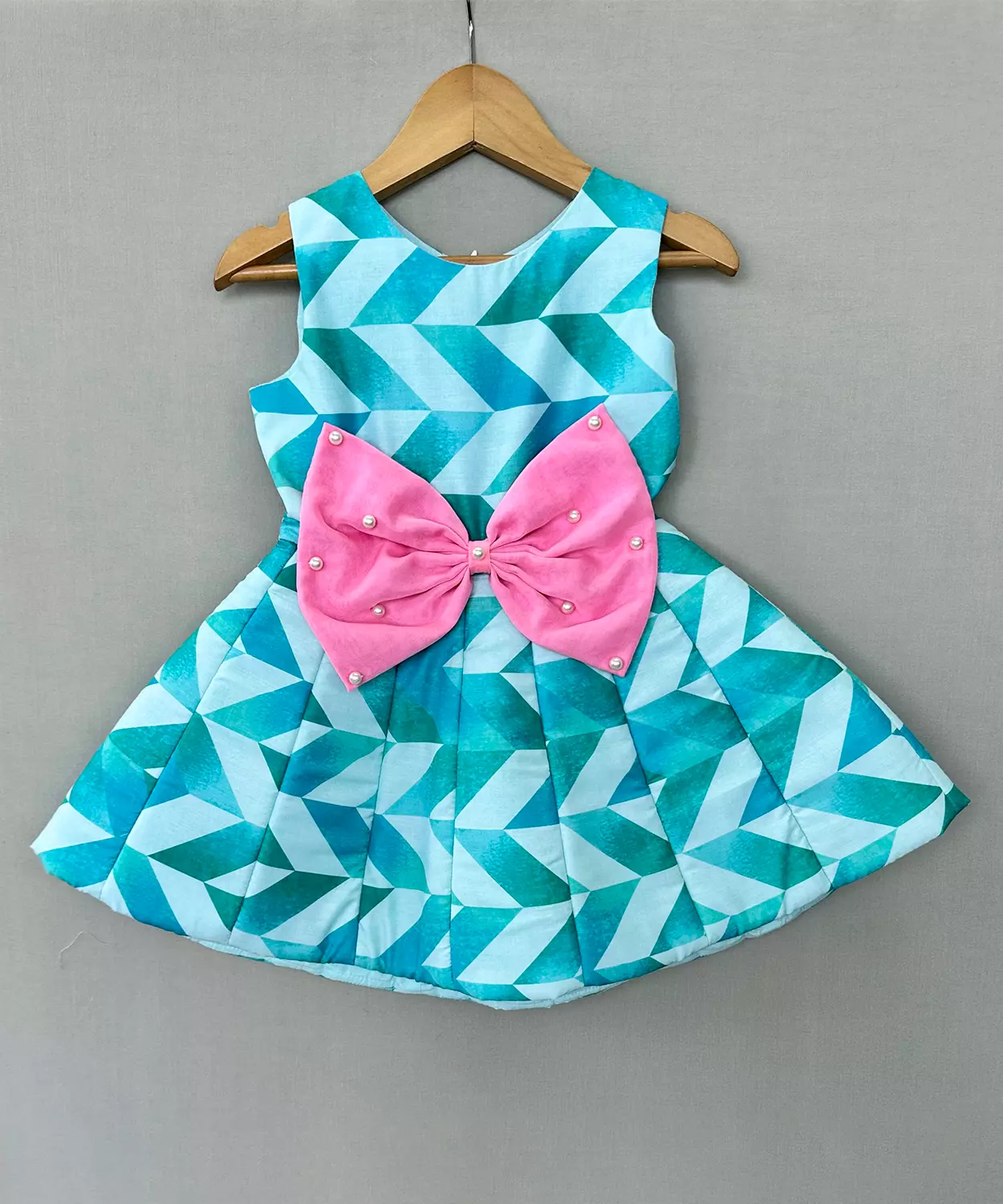 Aqua Geometric Print Dress With Umbrella Flair