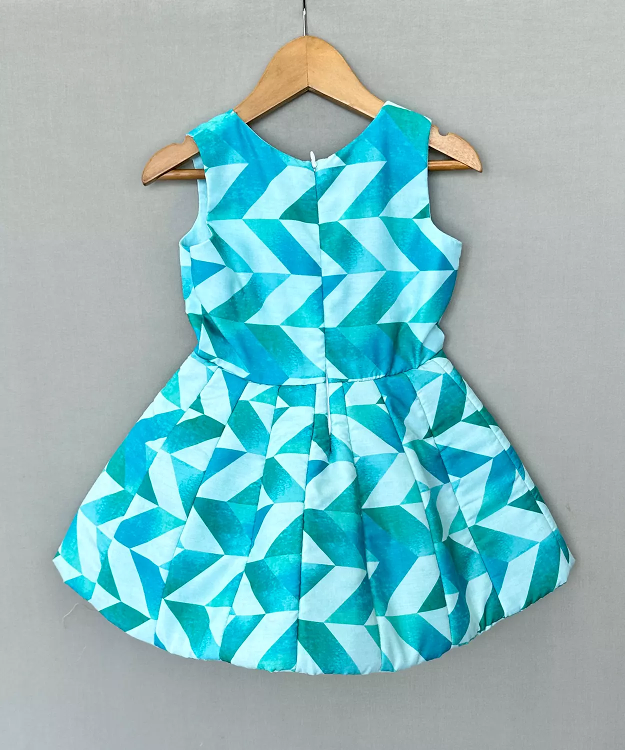 Aqua Geometric Print Dress With Umbrella Flair