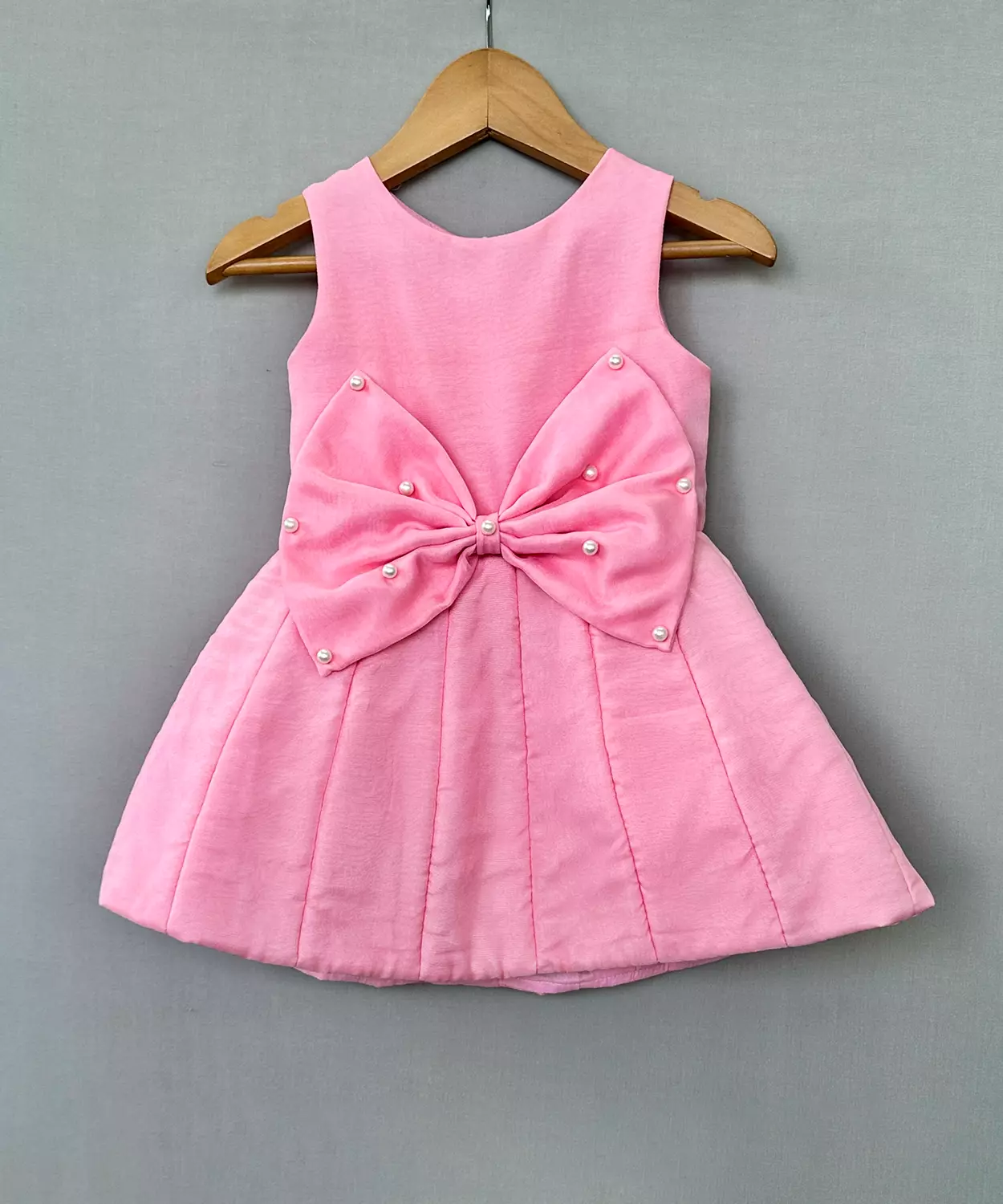 Umbrella-Like Flaired Baby Pink Dress With Pearl-Studded Bow