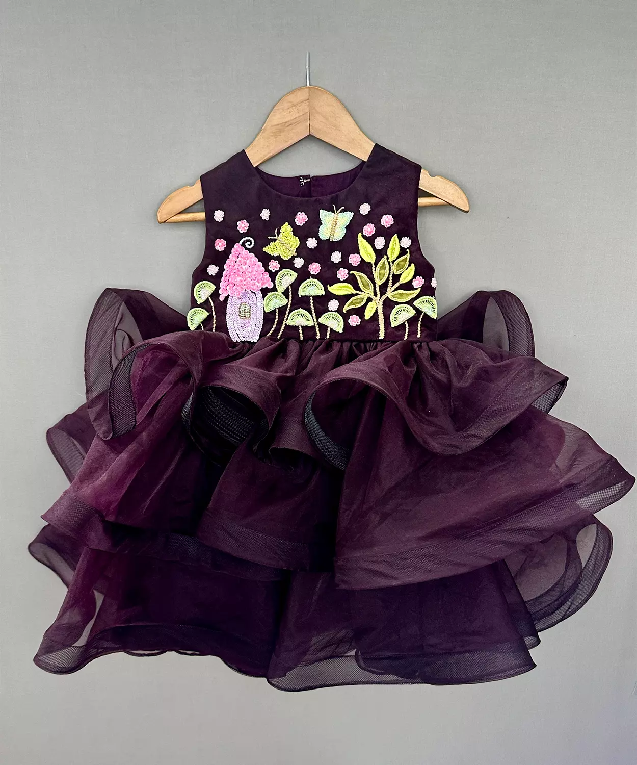 Hand Embroidered Whimsical Party Dress In Wine Colour