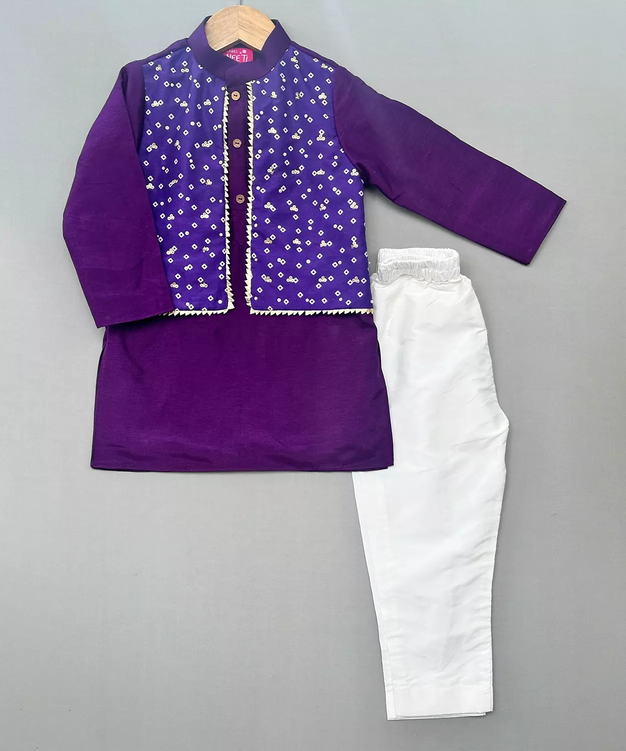 Purple Bandhni Attached Jacket Kurta Set
