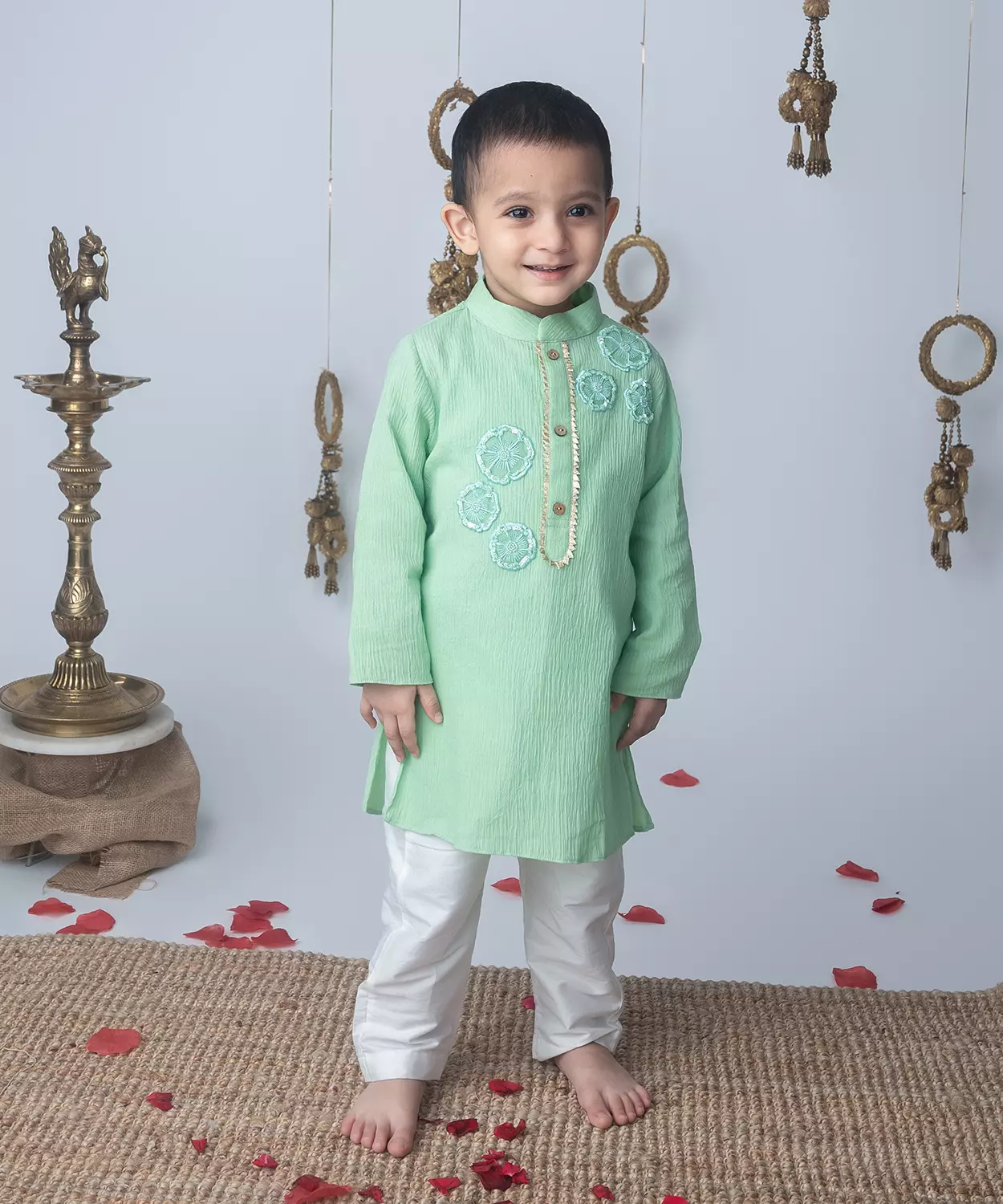 Pista Green Embroidered Kurta Set With White Pants