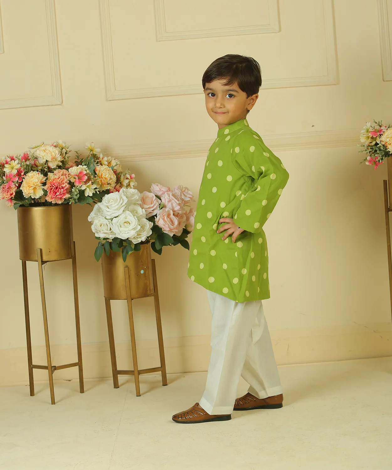 Green Polka Dot Handblock Printed Kurta Set
