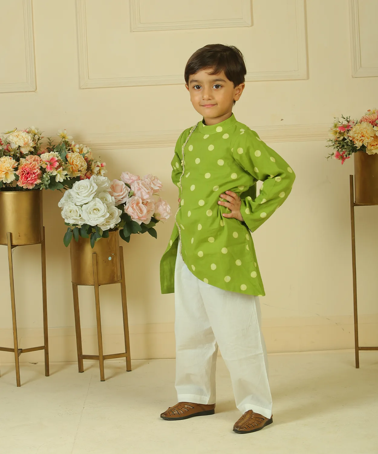 Green Polka Dot Handblock Printed Kurta Set