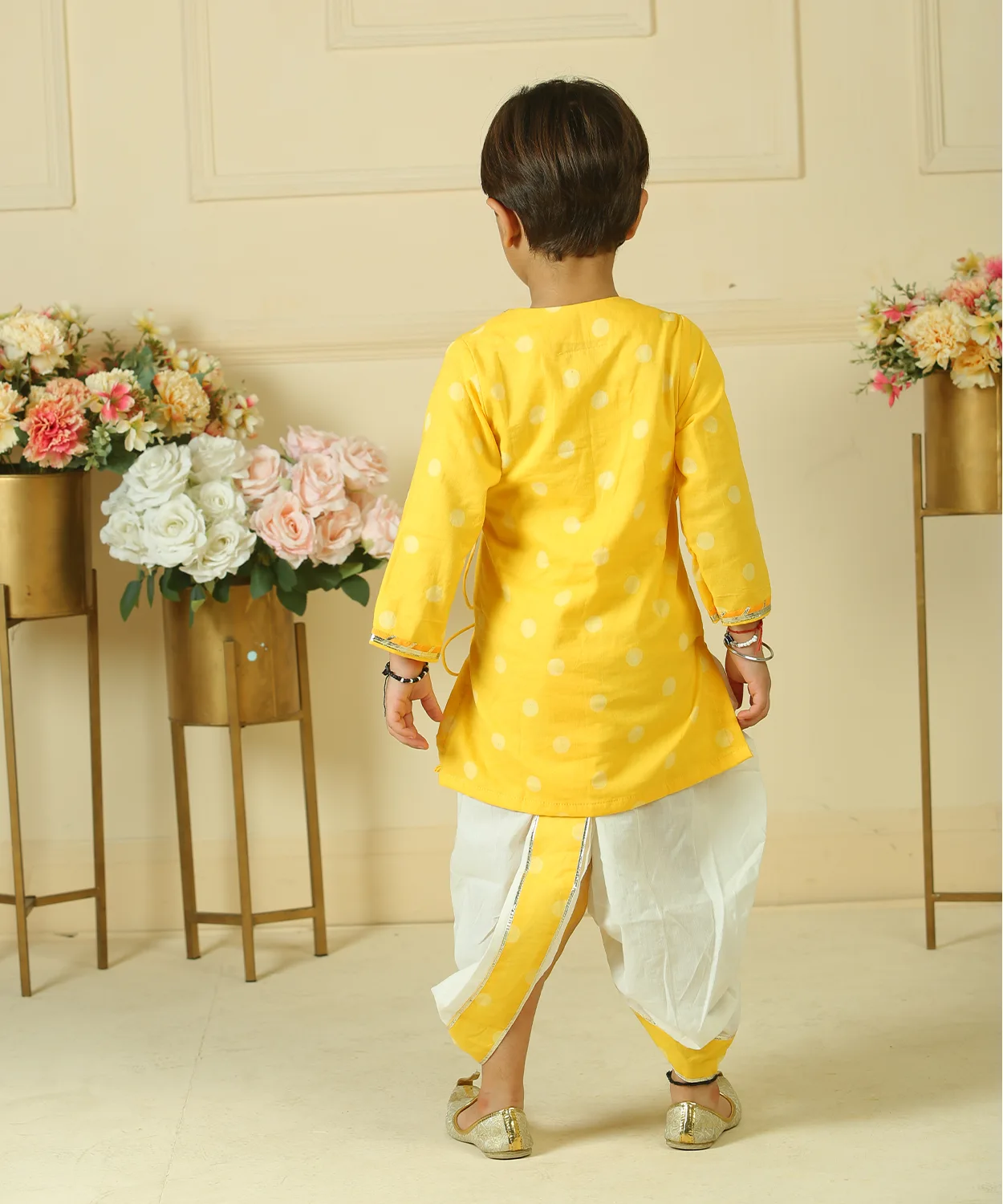 Yellow Polka Handblock Printed Angrakha Kurta With Dhoti Pants