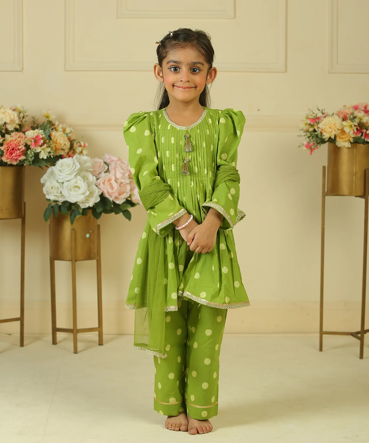 Green Polka Dot Handblock Printed Pleated Kurta With Pants With Dupatta