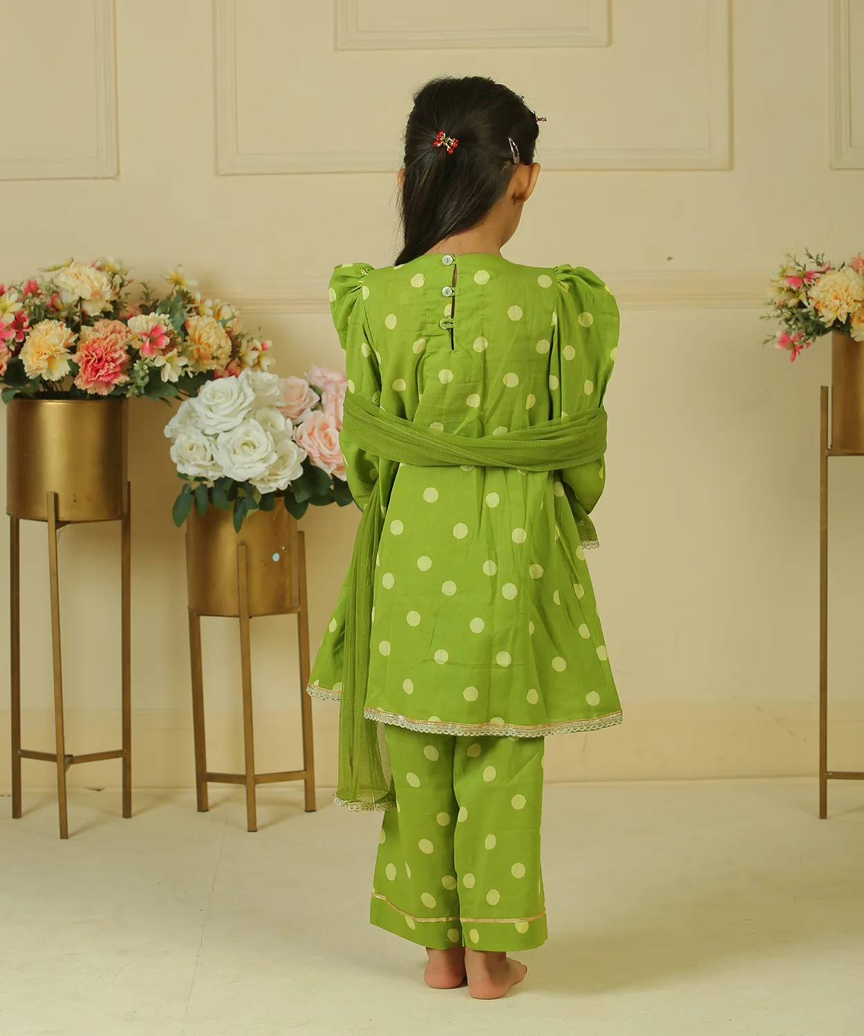 Green Polka Dot Handblock Printed Pleated Kurta With Pants With Dupatta