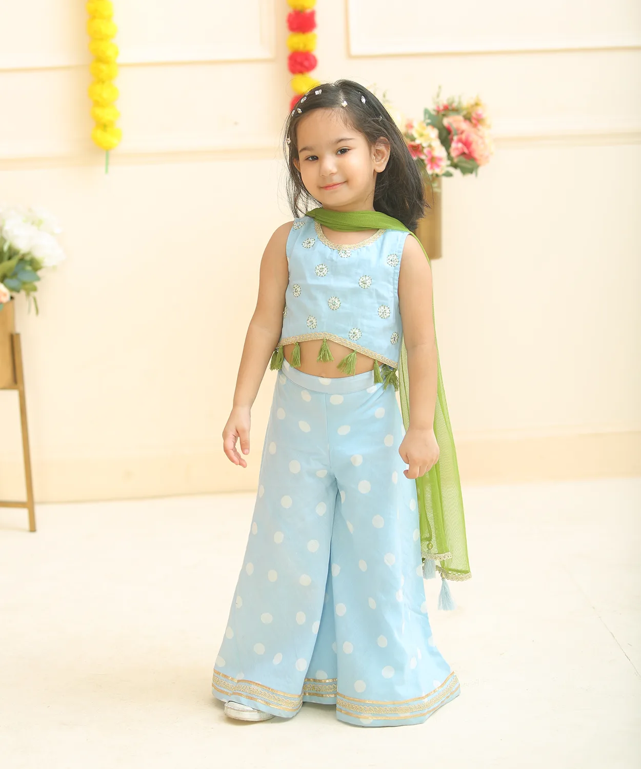 Blue Hand Block Printed Choli Paired With Flared Palazzo Pants And Dupatta