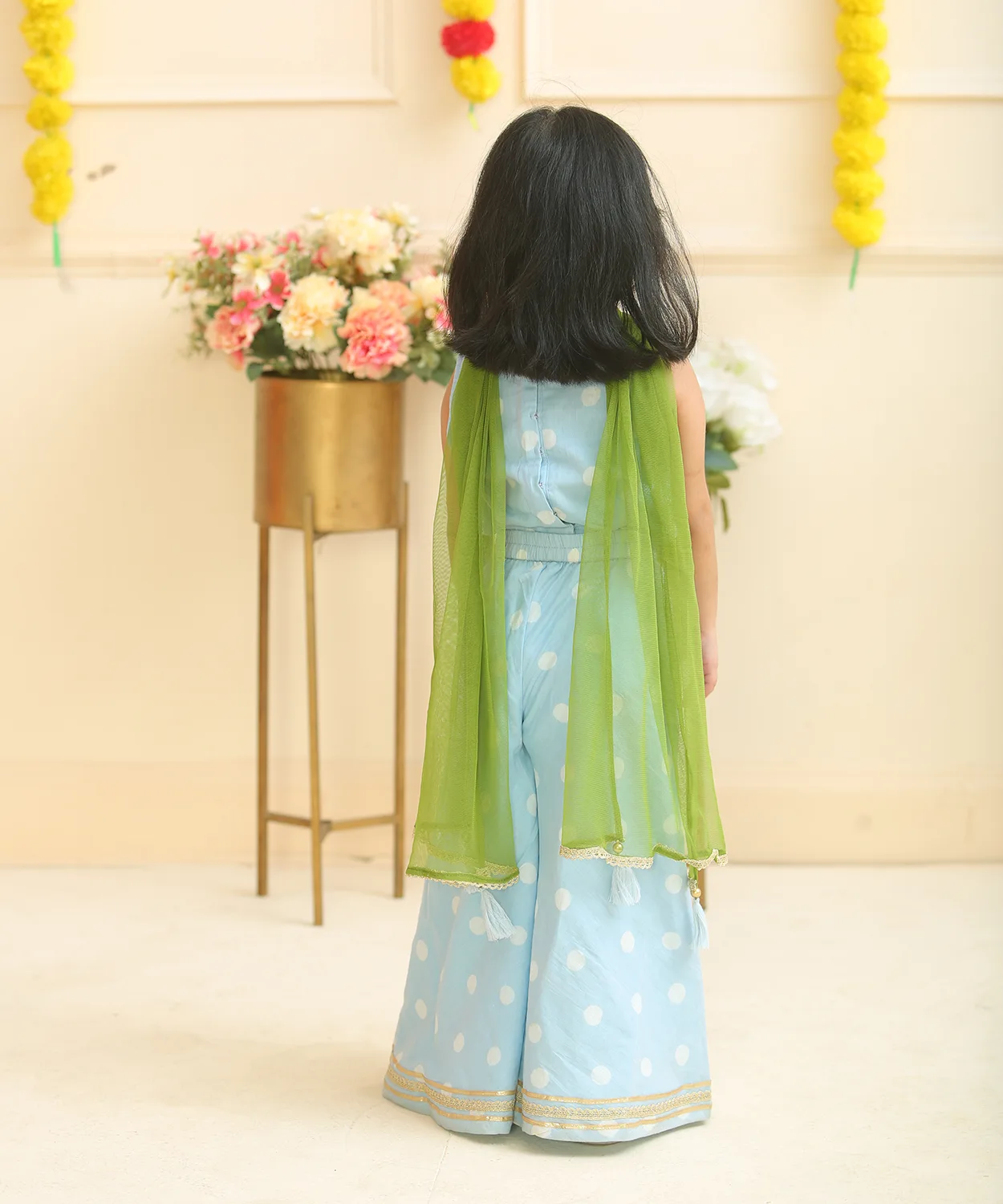 Blue Hand Block Printed Choli Paired With Flared Palazzo Pants And Dupatta