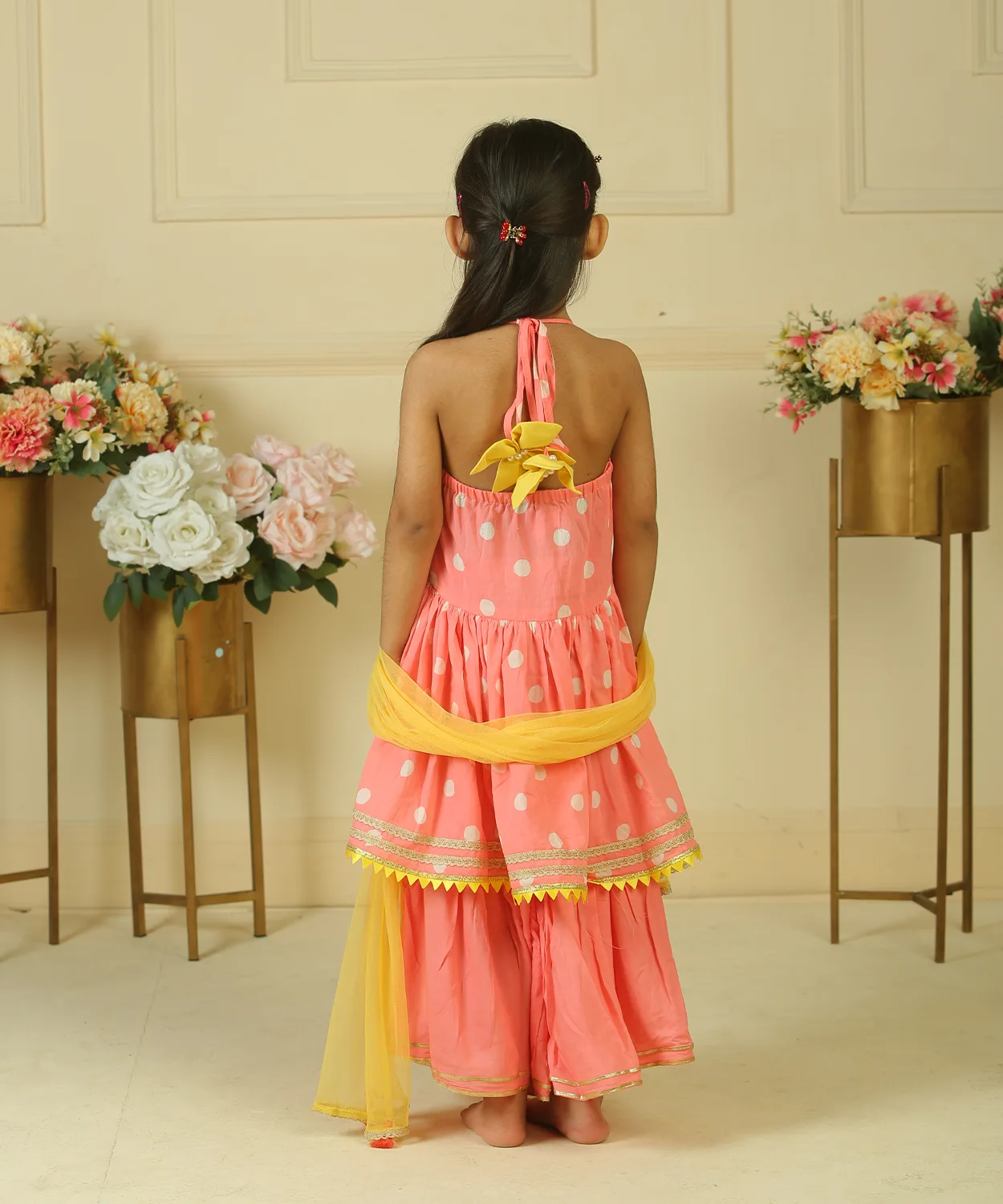 Pink Polka Block Printed Halter Kurta With Sharara Set