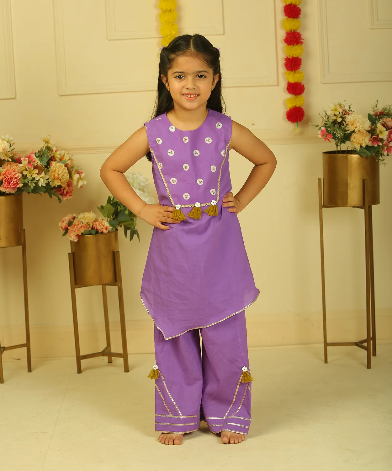 Purple Handblock Polka Printed Kurta With Palazzo Pant With Dupatta